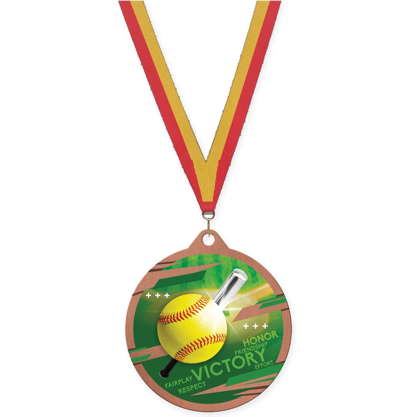 2 3/4 inch softball Inspire medal in bronze with Red Gold neck ribbon