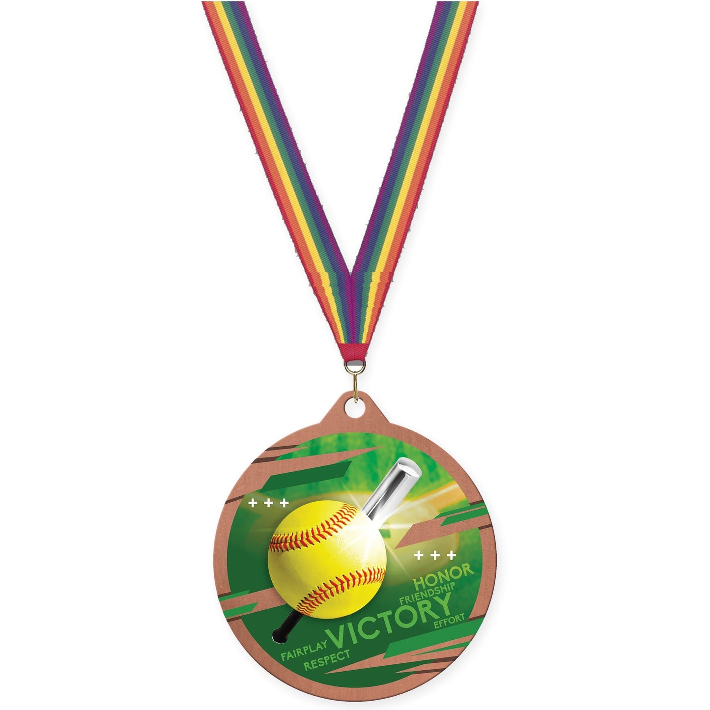 2 3/4 inch softball Inspire medal in bronze with Rainbow neck ribbon
