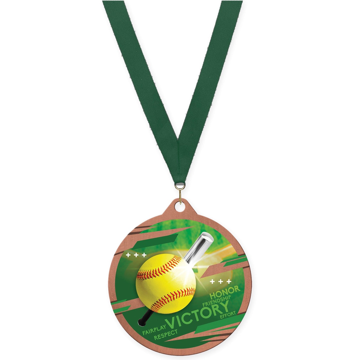 2 3/4 inch softball Inspire medal in bronze with Hunter Green neck ribbon