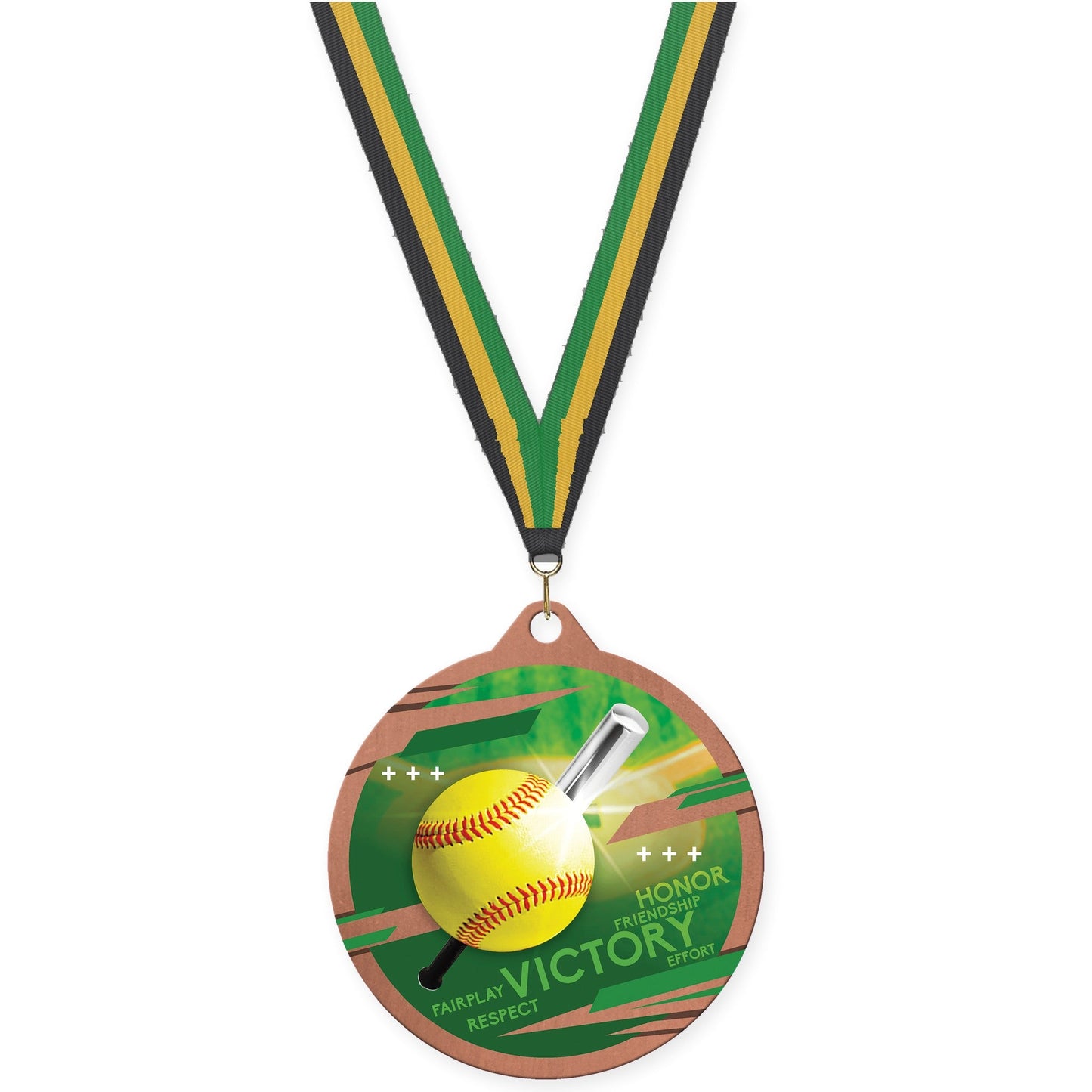 2 3/4 inch softball Inspire medal in bronze with Black Gold Green neck ribbon