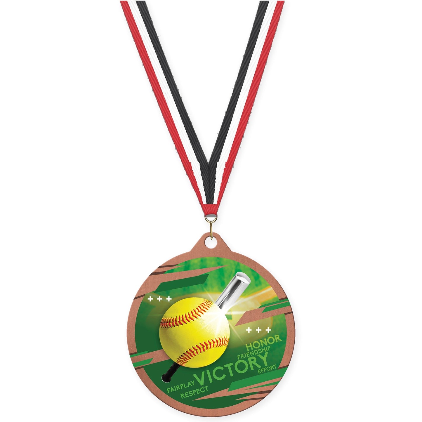 2 3/4 inch softball Inspire medal in bronze with Red White Black neck ribbon
