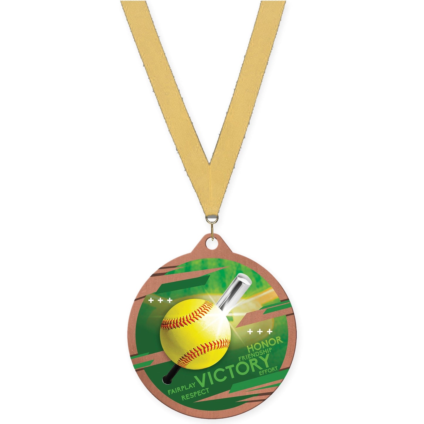 2 3/4 inch softball Inspire medal in bronze with Gold Metallic neck ribbon