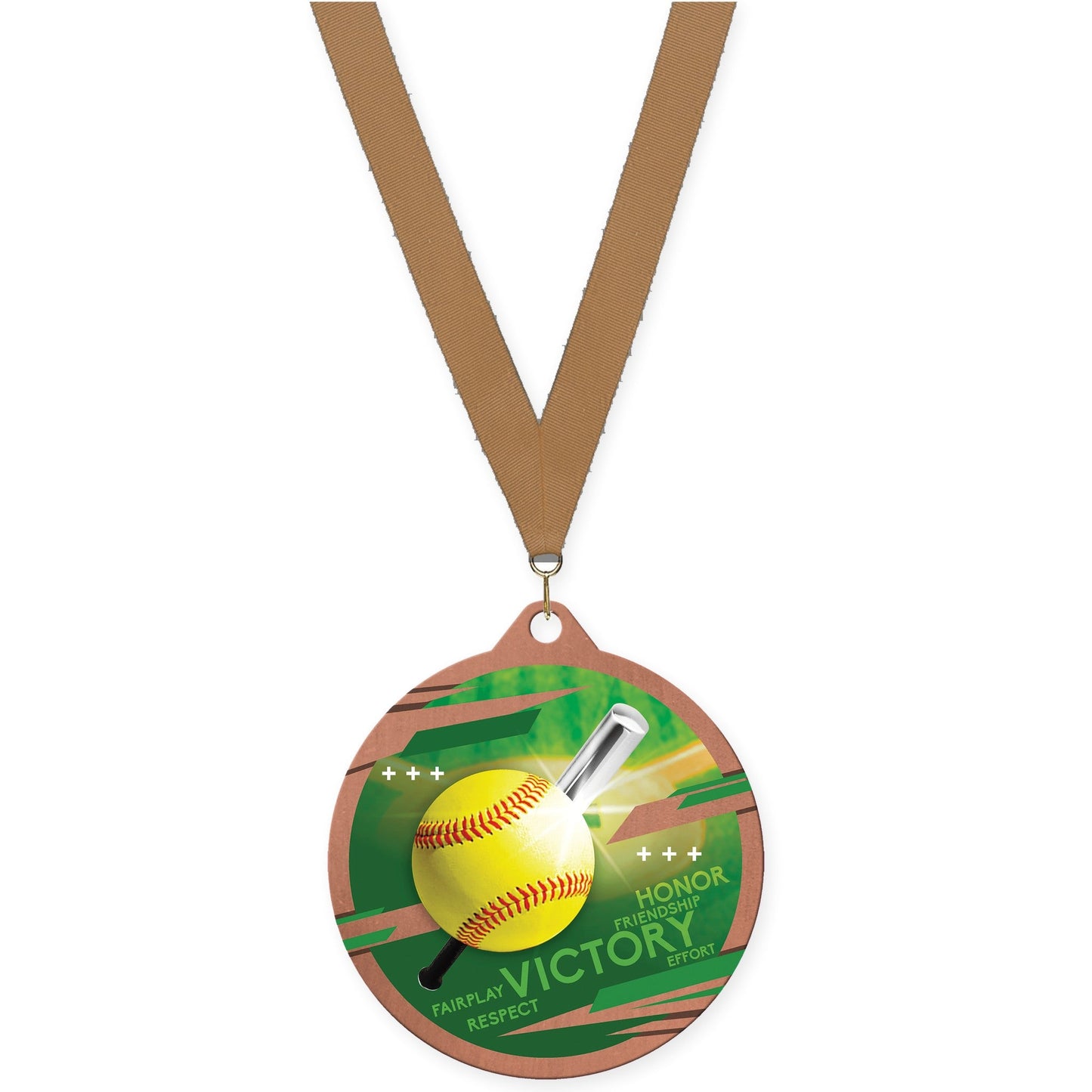 2 3/4 inch softball Inspire medal in bronze with Bronze Metallic neck ribbon