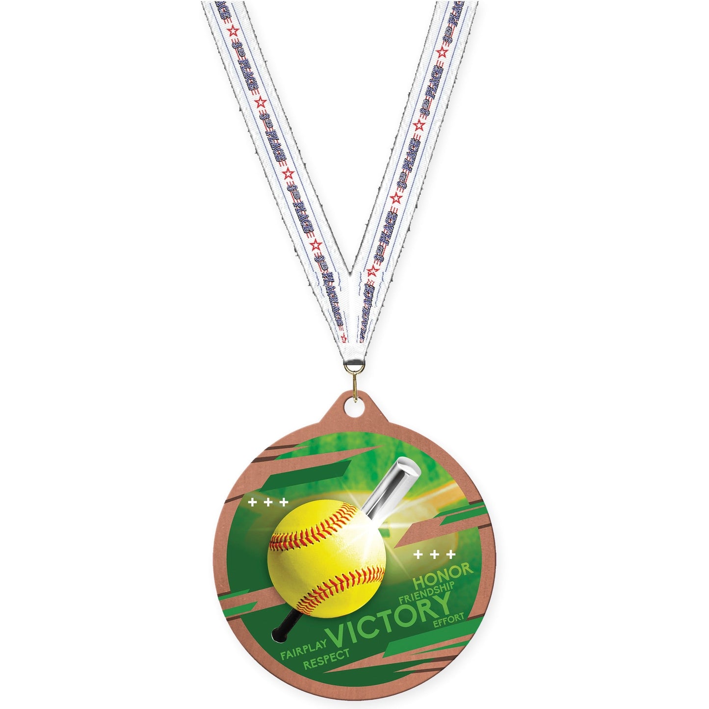 2 3/4 inch softball Inspire medal in bronze with 3rd Place neck ribbon