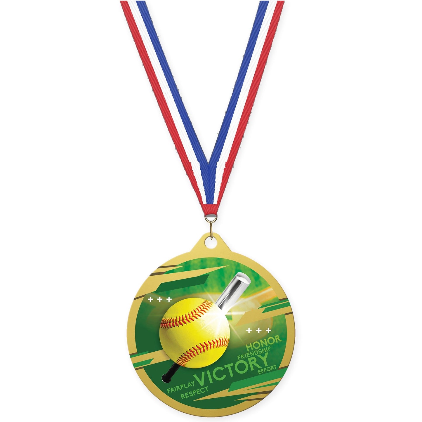 2 3/4 inch softball Inspire medal in gold with Red White Blue neck ribbon
