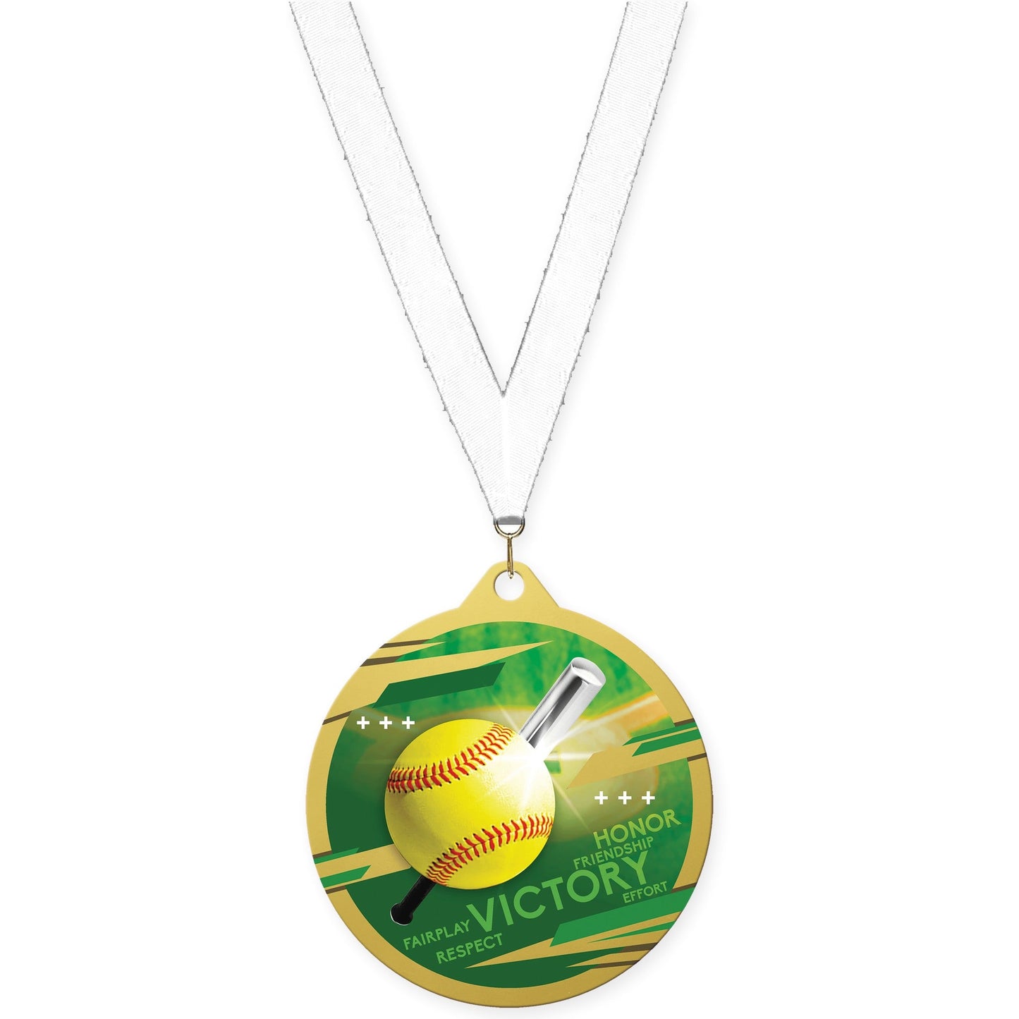 2 3/4 inch softball Inspire medal in gold with White neck ribbon