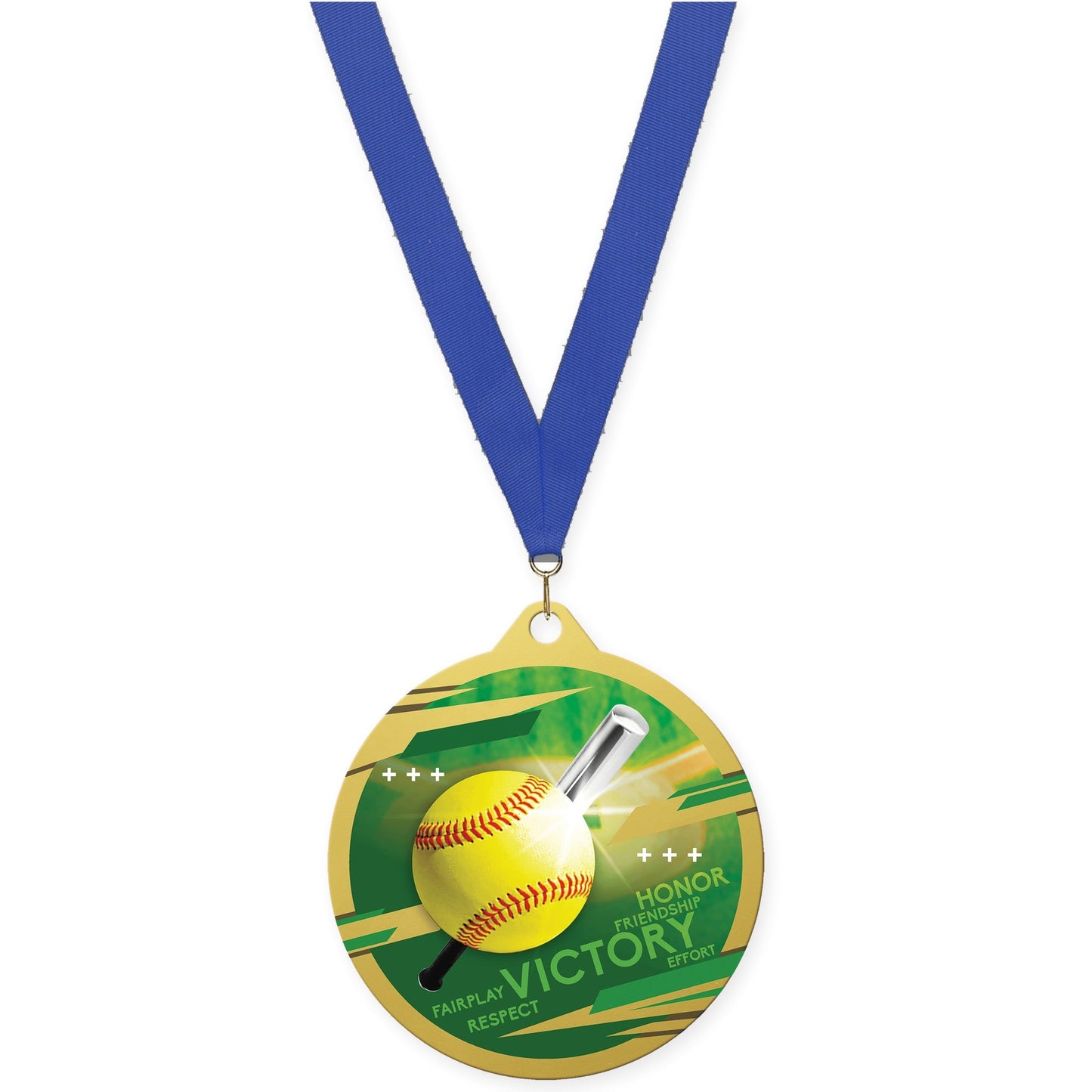2 3/4 inch softball Inspire medal in gold with Blue neck ribbon