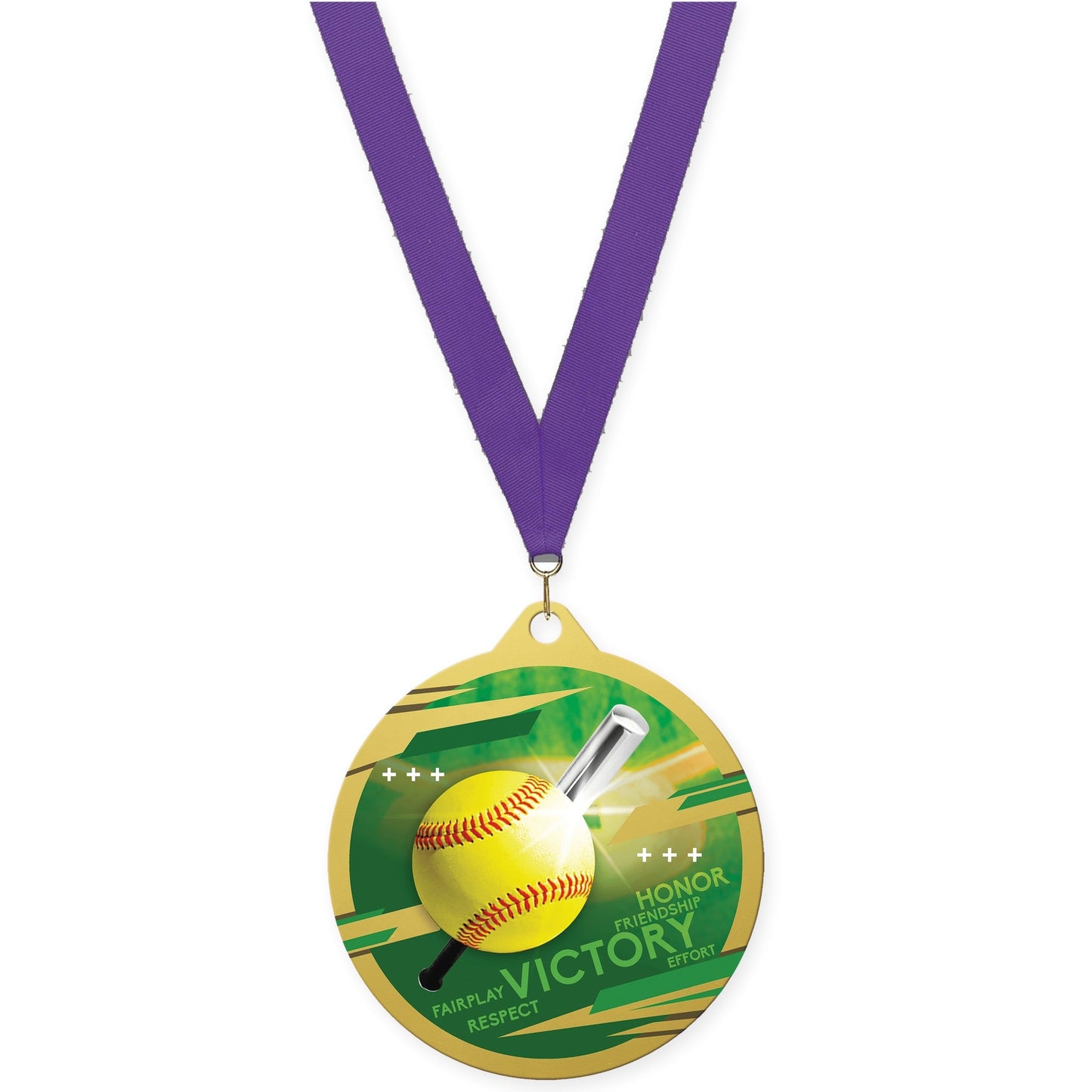 2 3/4 inch softball Inspire medal in gold with Purple neck ribbon