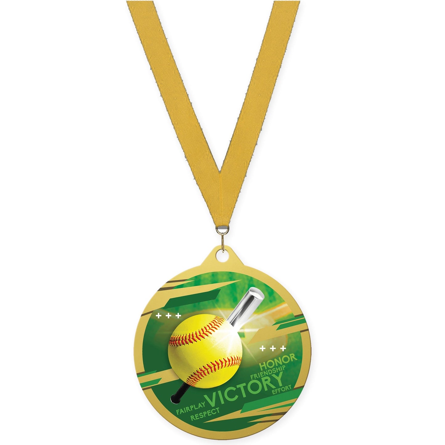 2 3/4 inch softball Inspire medal in gold with Gold neck ribbon