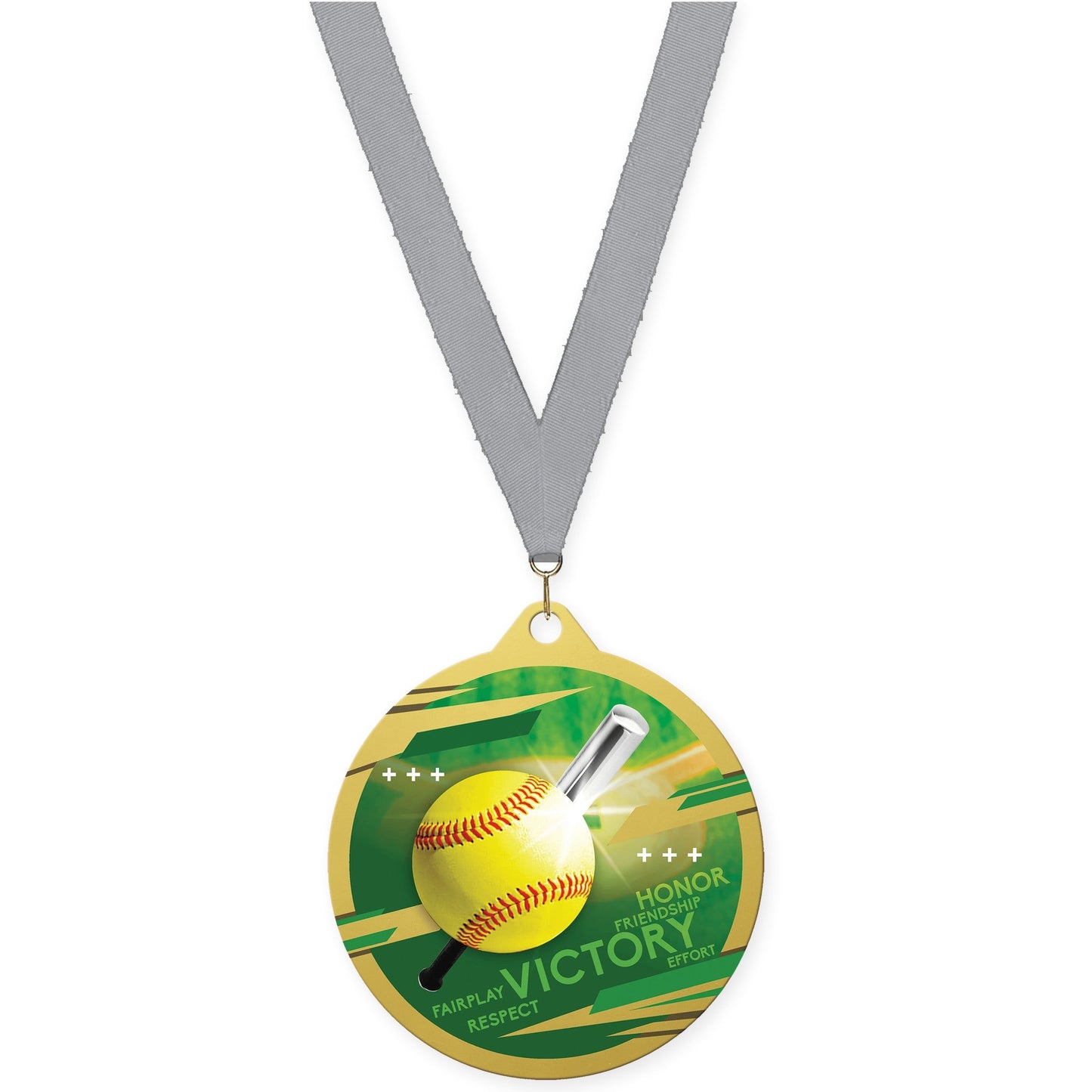 2 3/4 inch softball Inspire medal in gold with Gray neck ribbon