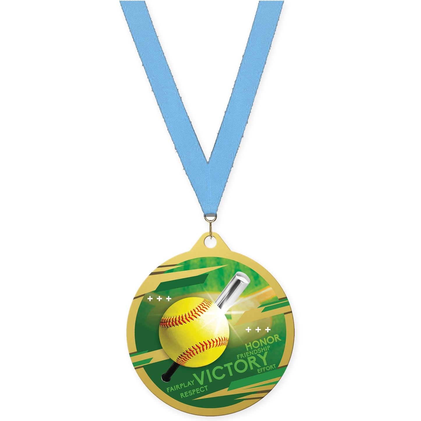 2 3/4 inch softball Inspire medal in gold with Light Blue neck ribbon