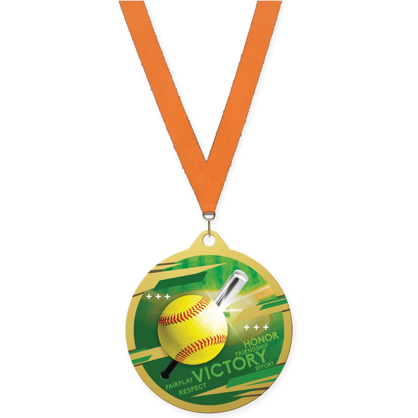 2 3/4 inch softball Inspire medal in gold with Orange neck ribbon