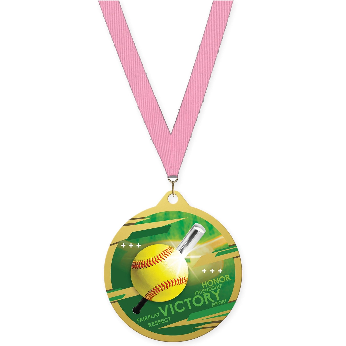 2 3/4 inch softball Inspire medal in gold with Pink neck ribbon