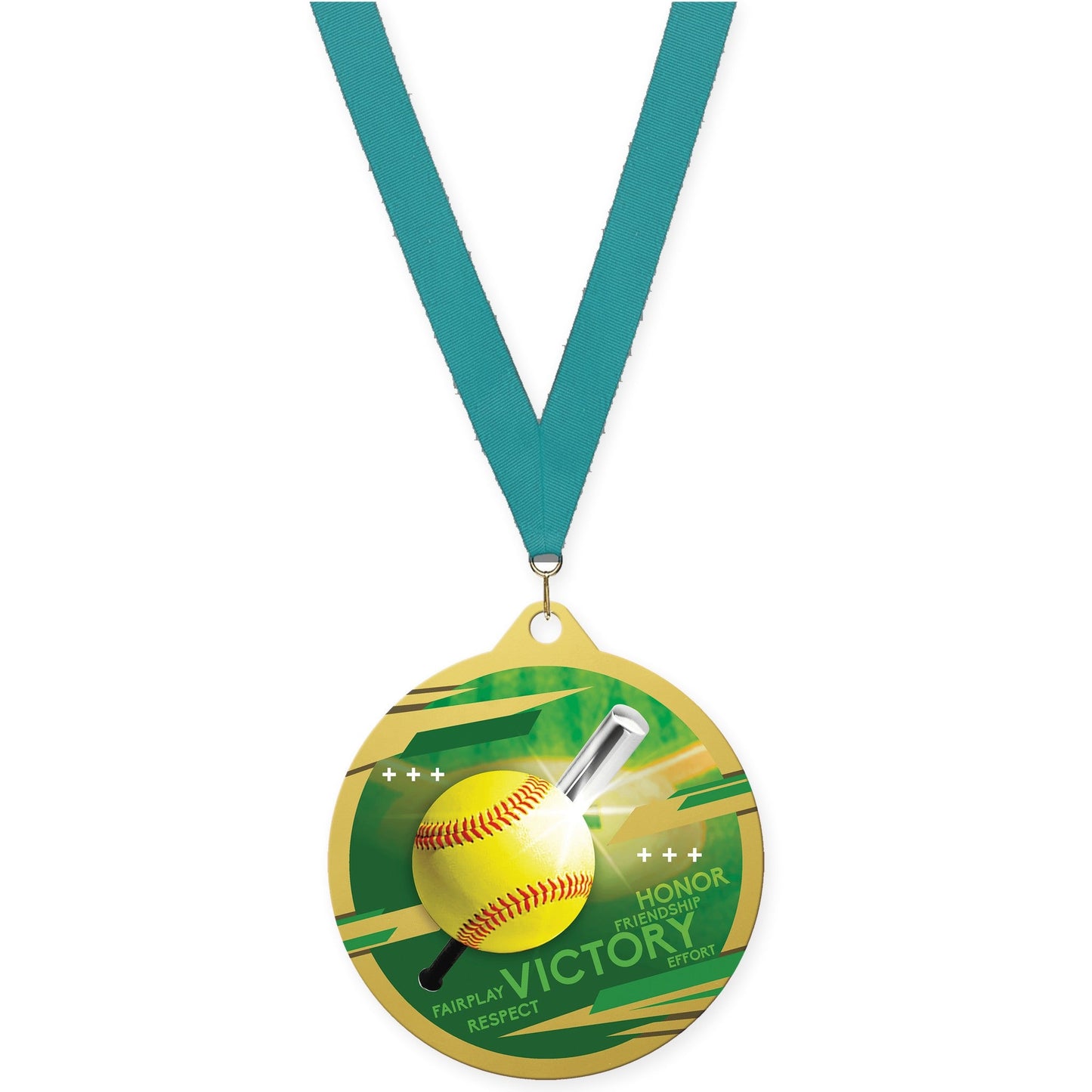 2 3/4 inch softball Inspire medal in gold with Teal neck ribbon