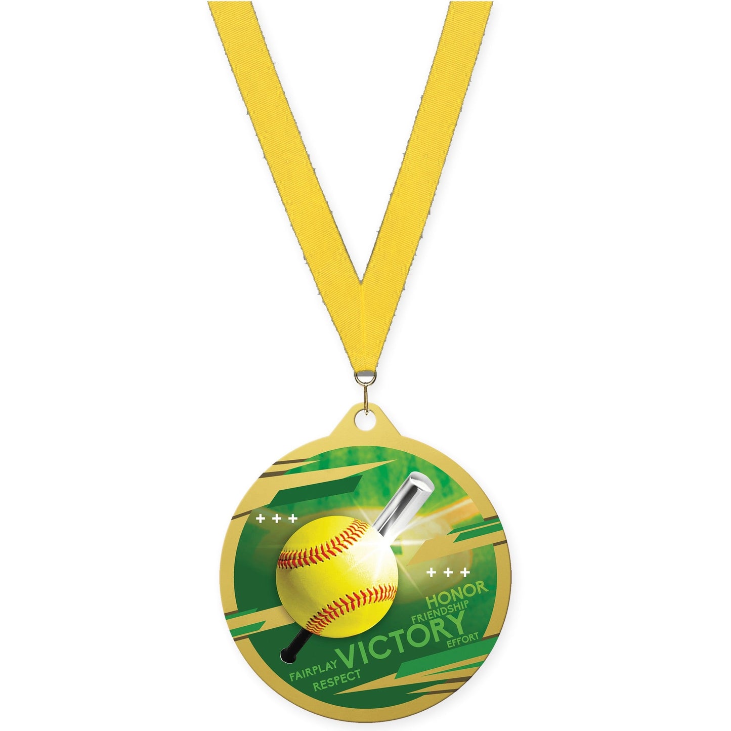 2 3/4 inch softball Inspire medal in gold with Yellow neck ribbon