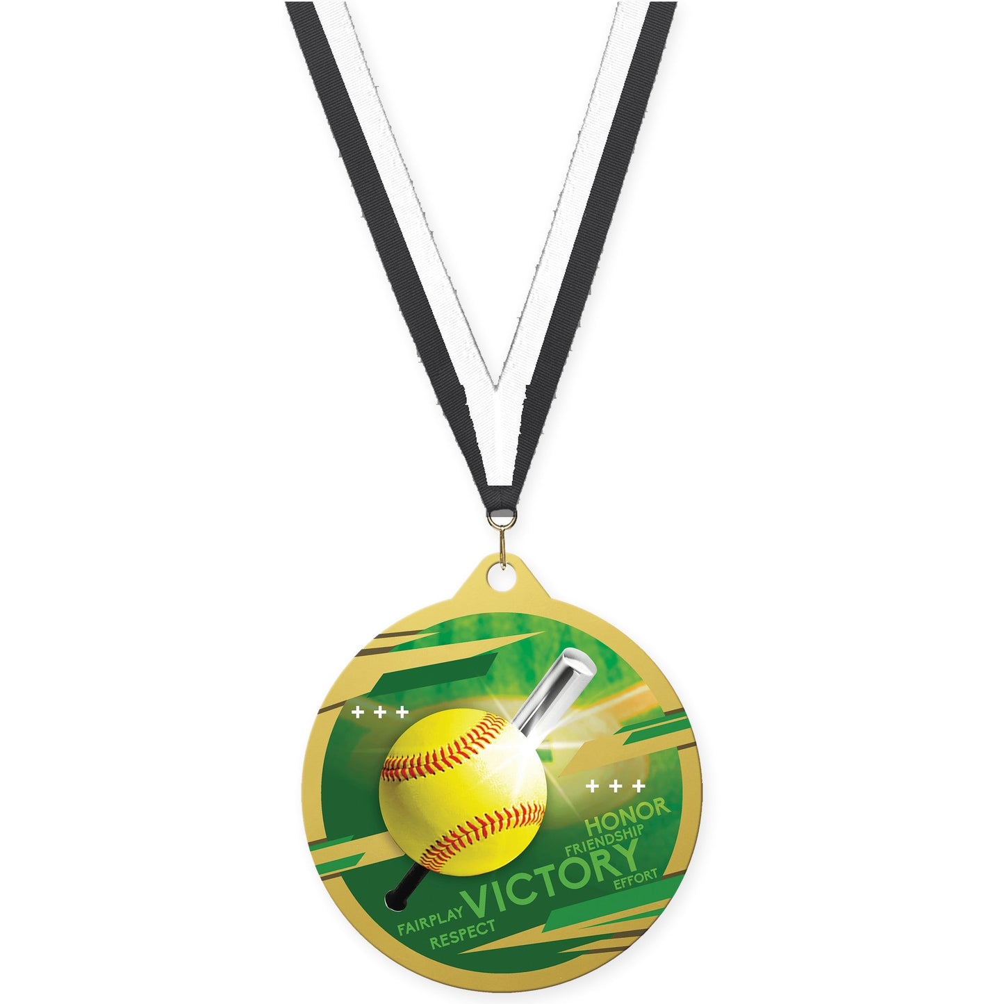 2 3/4 inch softball Inspire medal in gold with Black White neck ribbon
