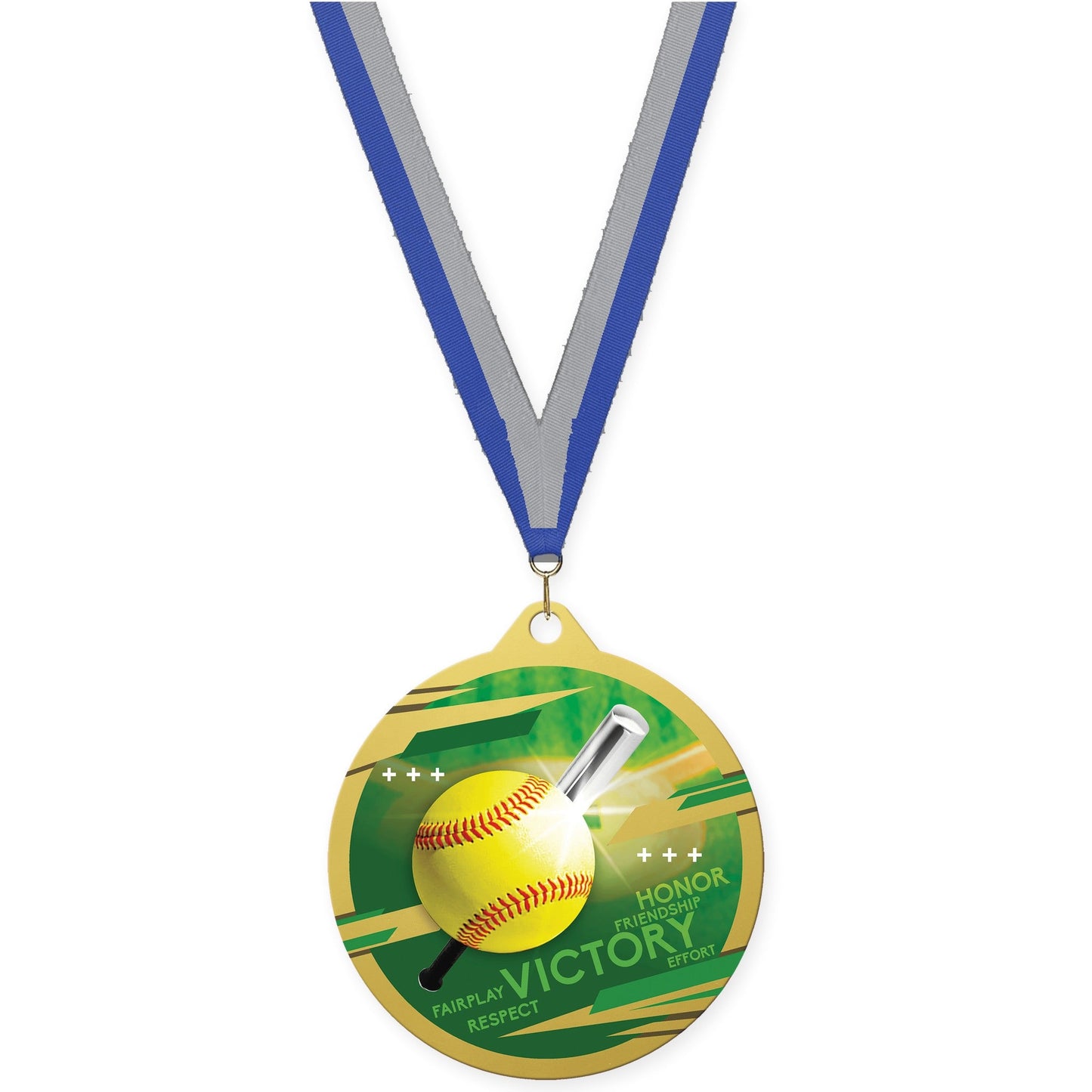 2 3/4 inch softball Inspire medal in gold with Blue Gray neck ribbon