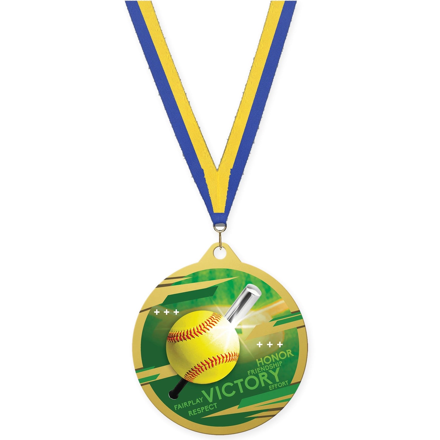 2 3/4 inch softball Inspire medal in gold with Blue Yellow neck ribbon