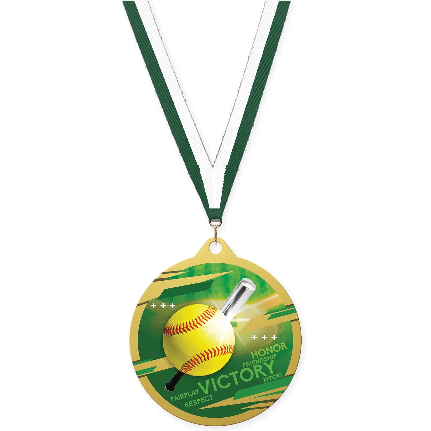 2 3/4 inch softball Inspire medal in gold with Hunter Green White neck ribbon