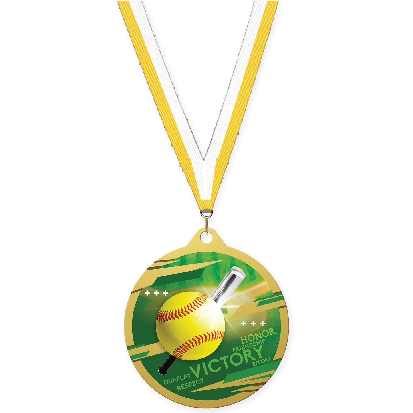 2 3/4 inch softball Inspire medal in gold with Yellow White neck ribbon