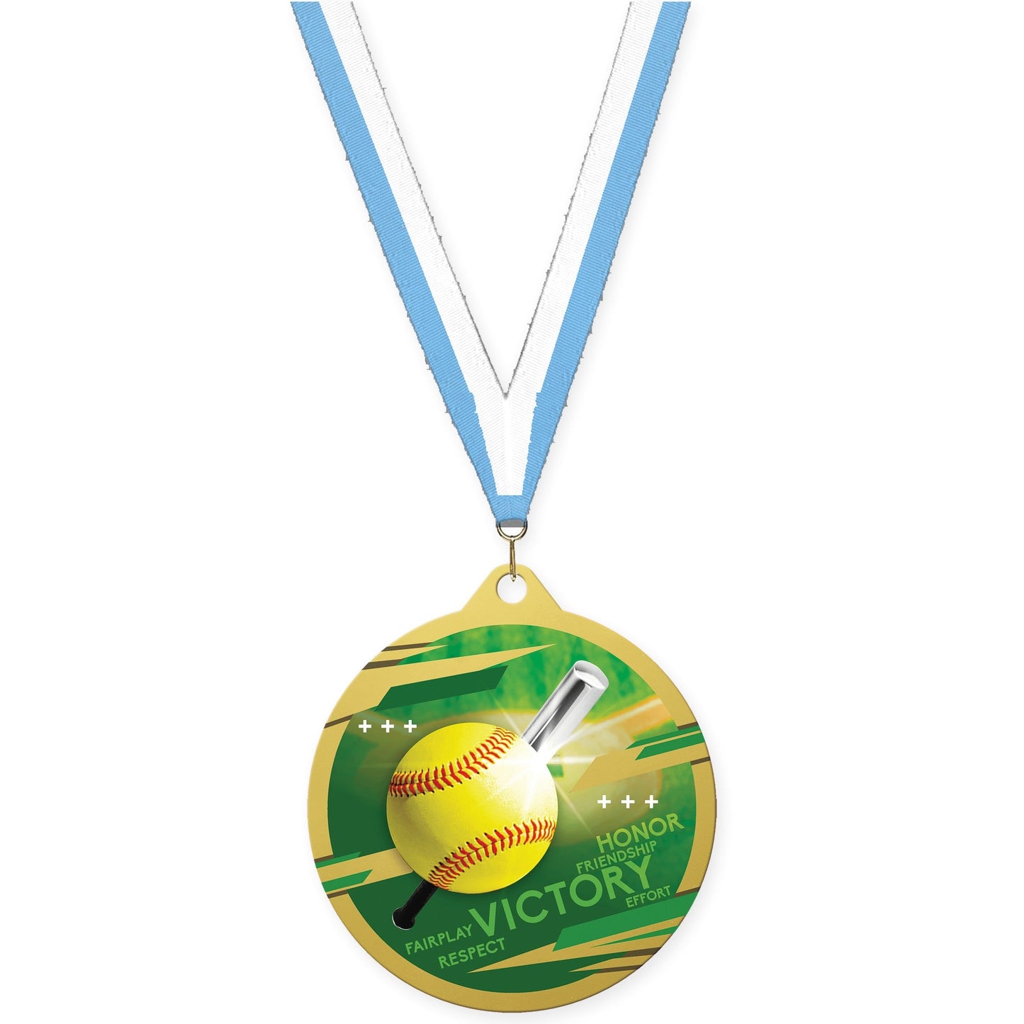 2 3/4 inch softball Inspire medal in gold with Light Blue White neck ribbon