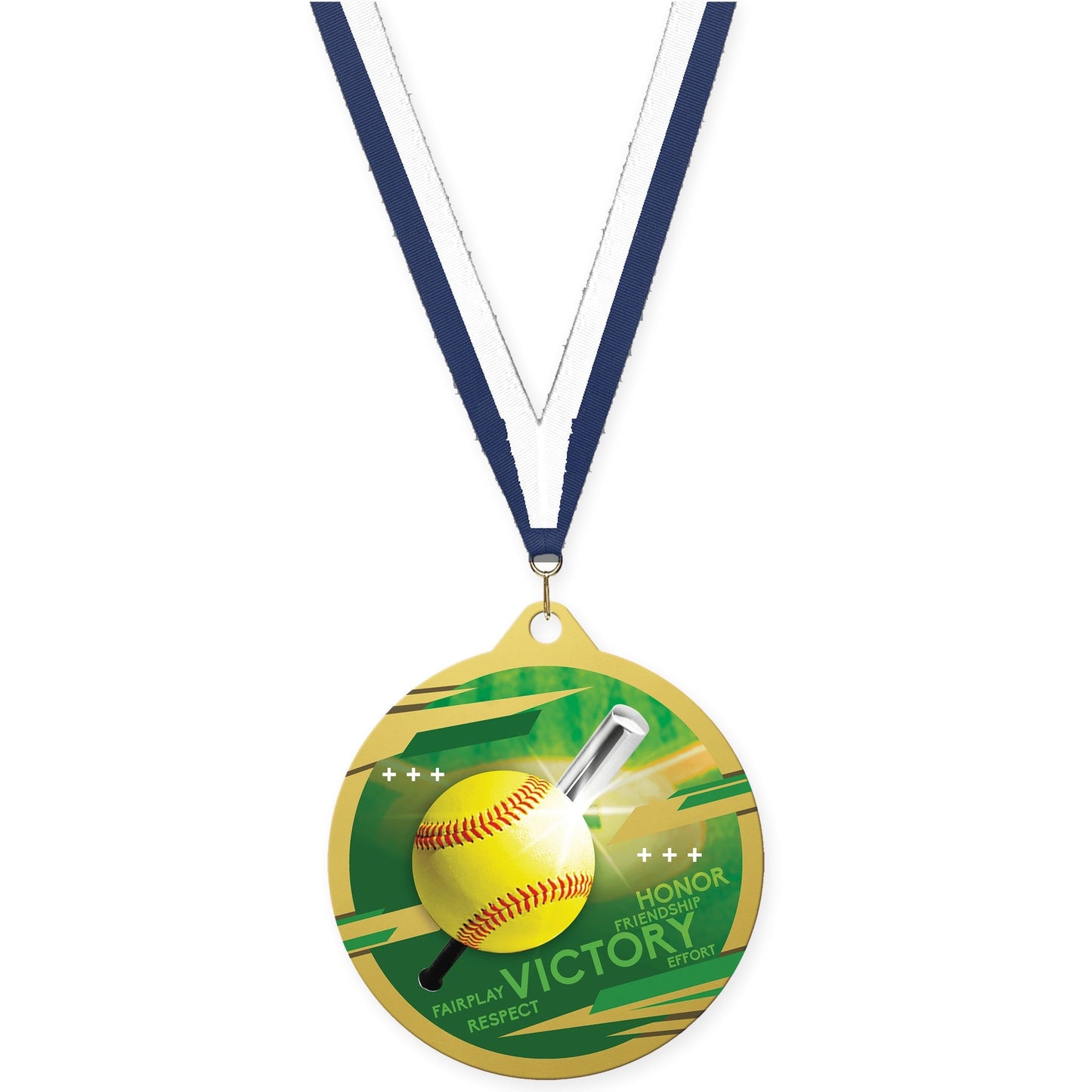 2 3/4 inch softball Inspire medal in gold with Navy White neck ribbon