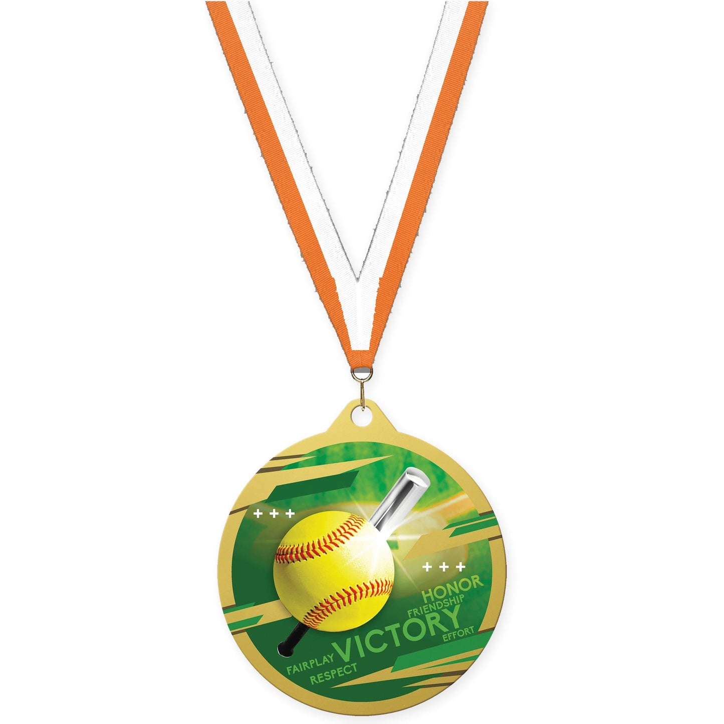 2 3/4 inch softball Inspire medal in gold with Orange White neck ribbon