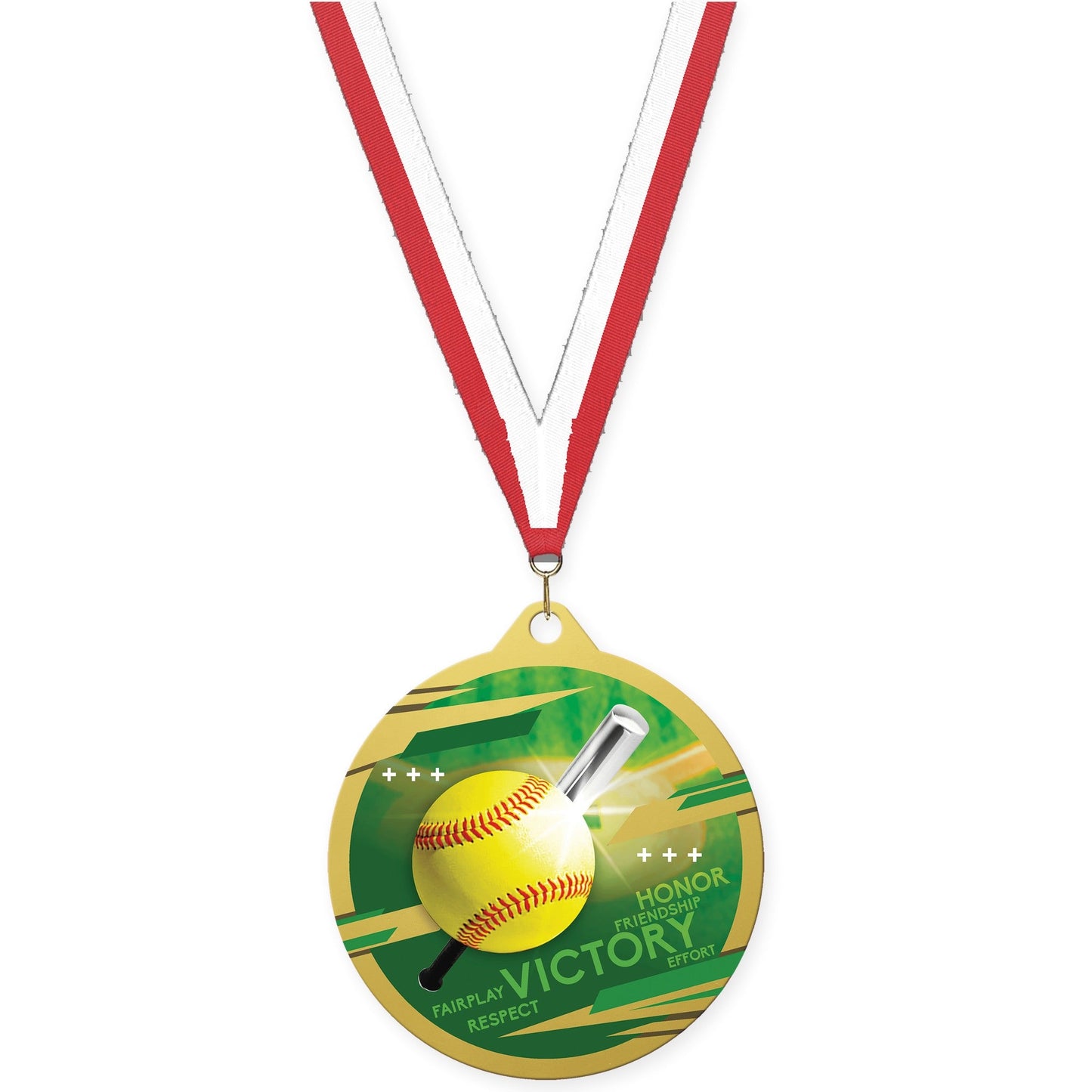 2 3/4 inch softball Inspire medal in gold with Red White neck ribbon
