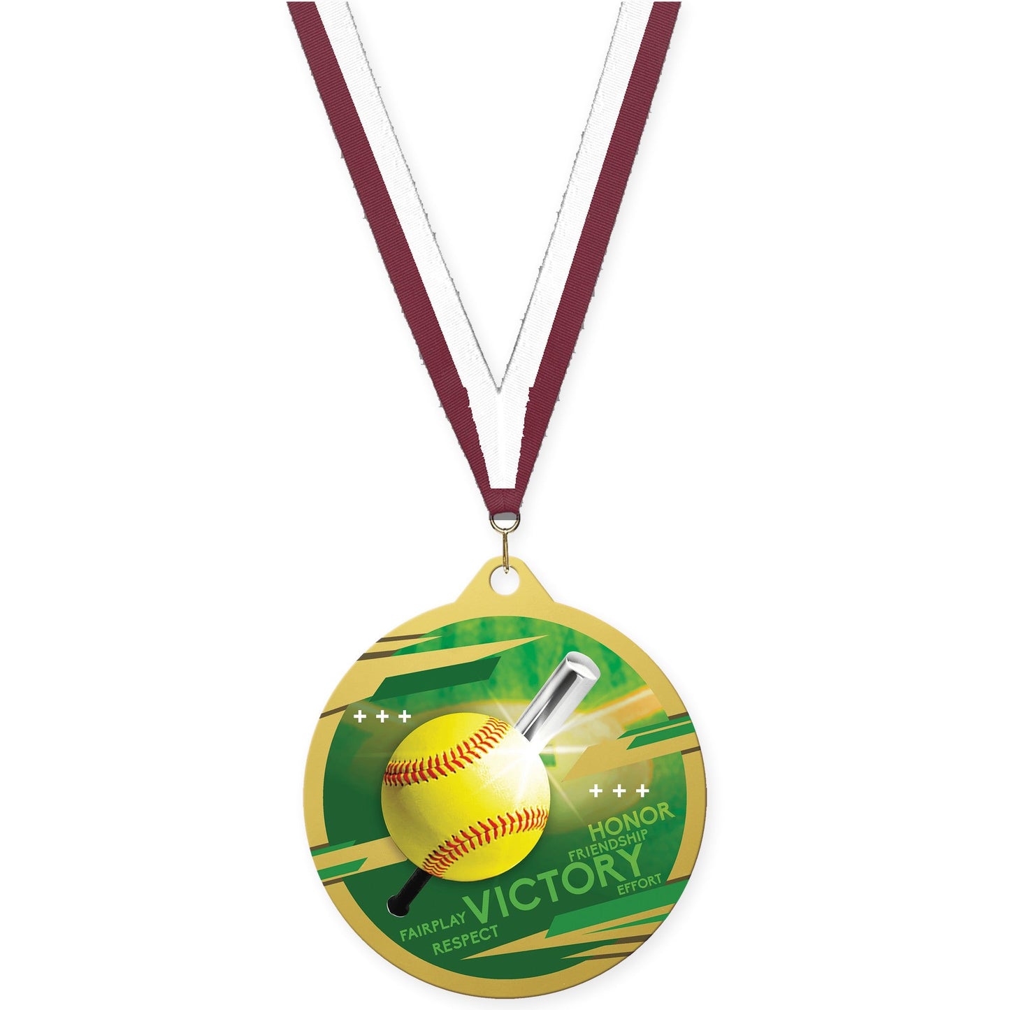 2 3/4 inch softball Inspire medal in gold with Maroon White neck ribbon