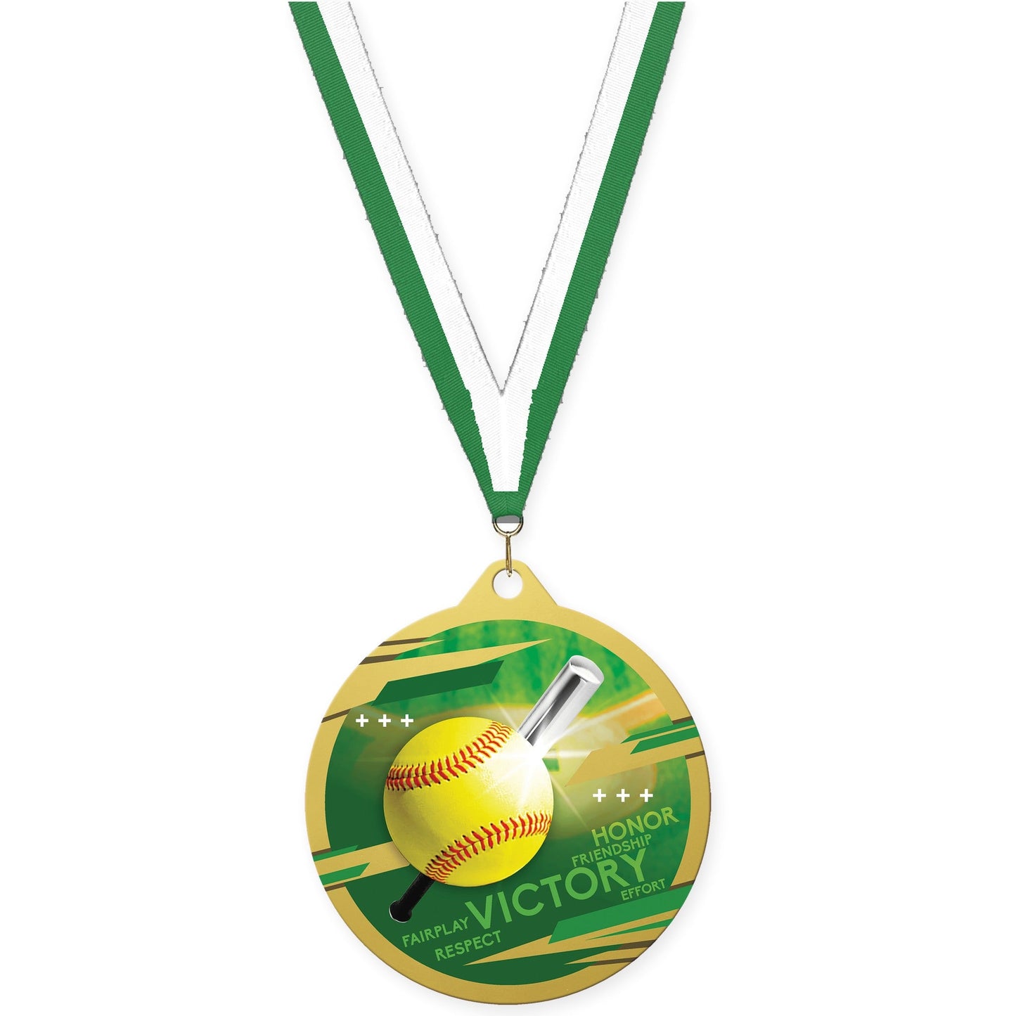 2 3/4 inch softball Inspire medal in gold with Green White neck ribbon