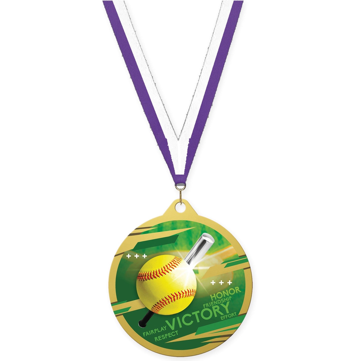 2 3/4 inch softball Inspire medal in gold with Purple White neck ribbon