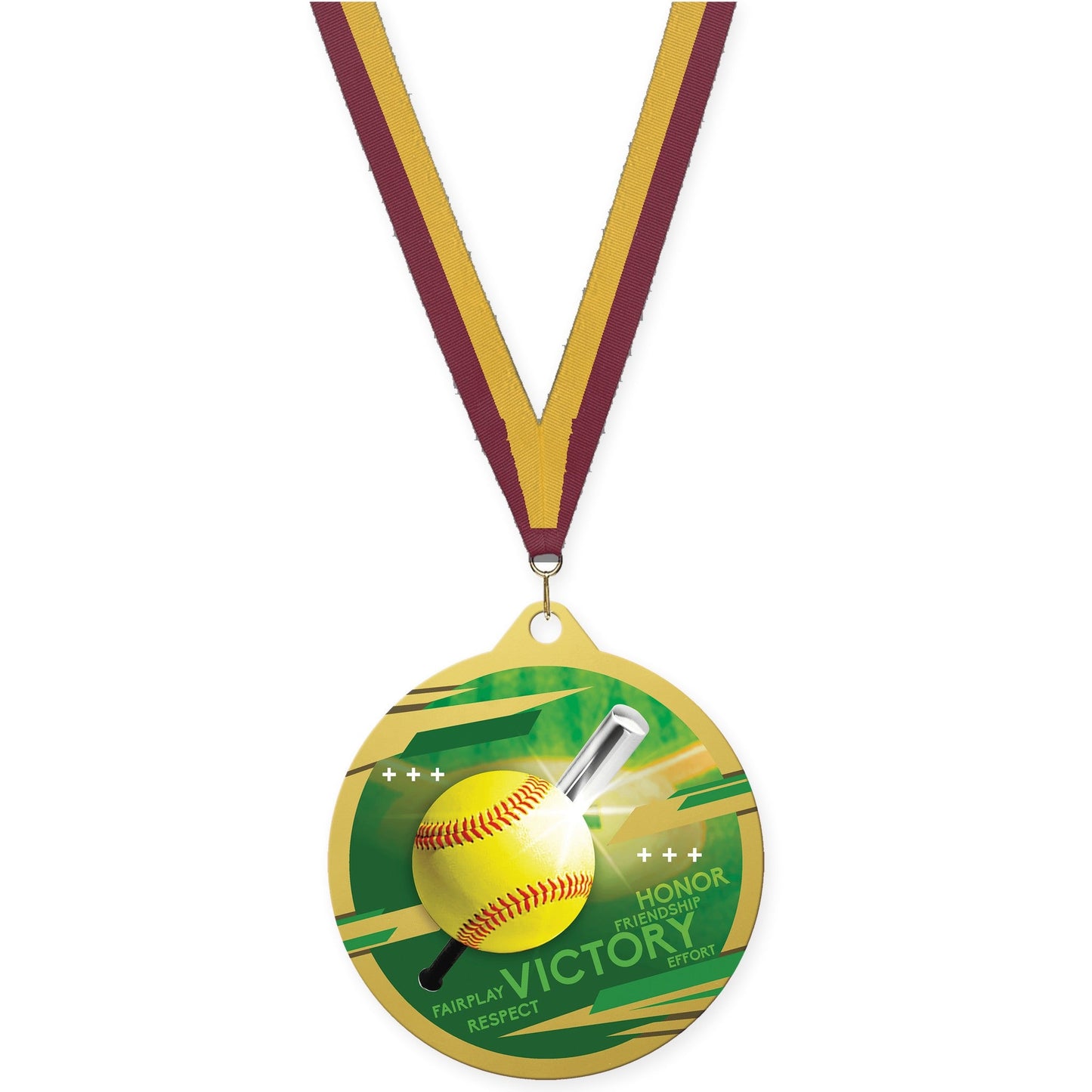 2 3/4 inch softball Inspire medal in gold with Maroon Gold neck ribbon