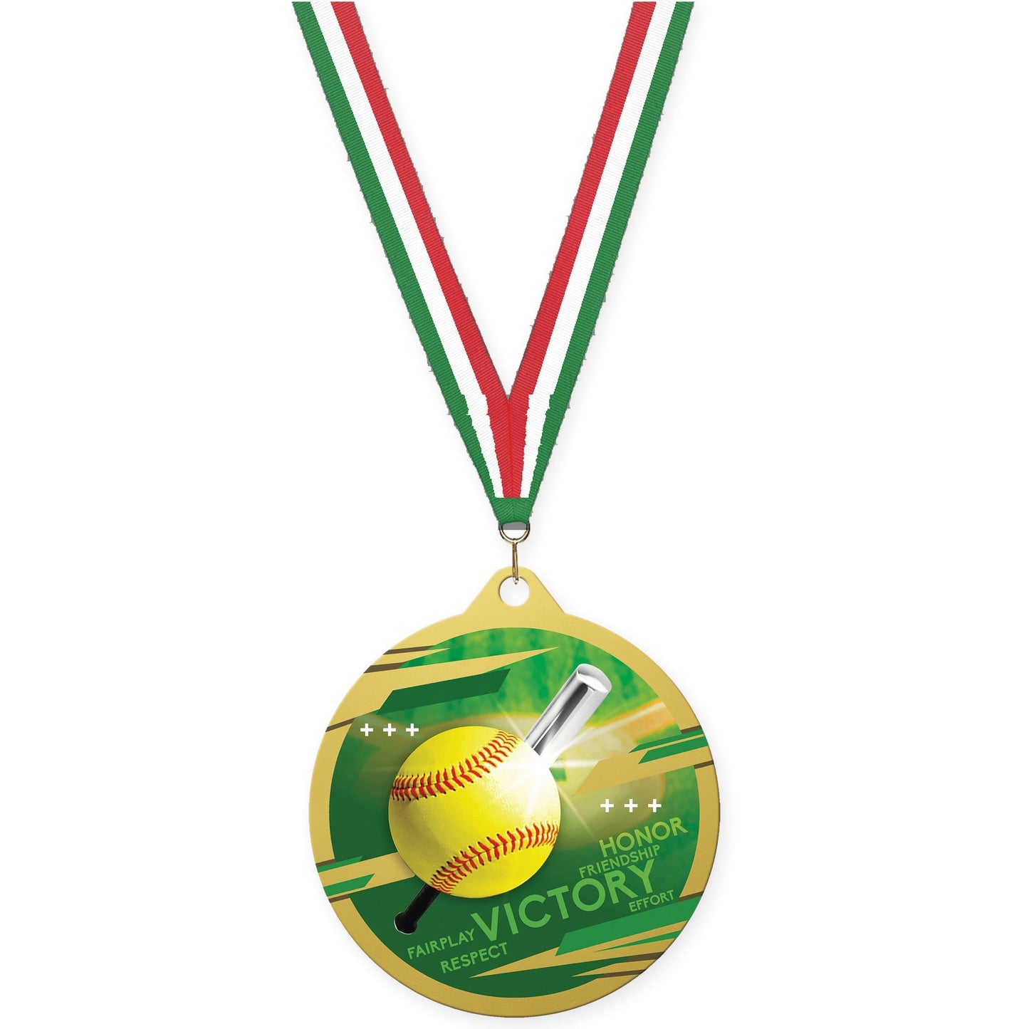 2 3/4 inch softball Inspire medal in gold with Green White Red neck ribbon