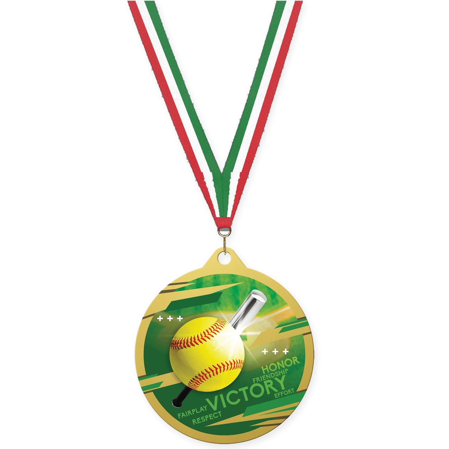 2 3/4 inch softball Inspire medal in gold with Red White Green neck ribbon