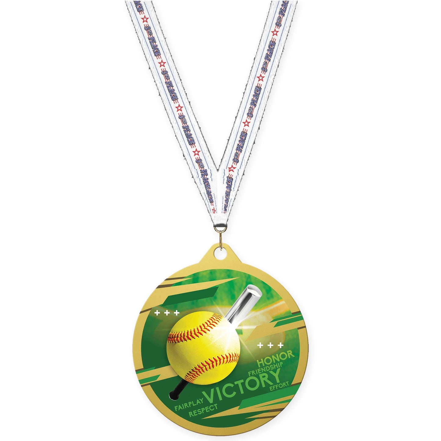 2 3/4 inch softball Inspire medal in gold with 3rd Place neck ribbon
