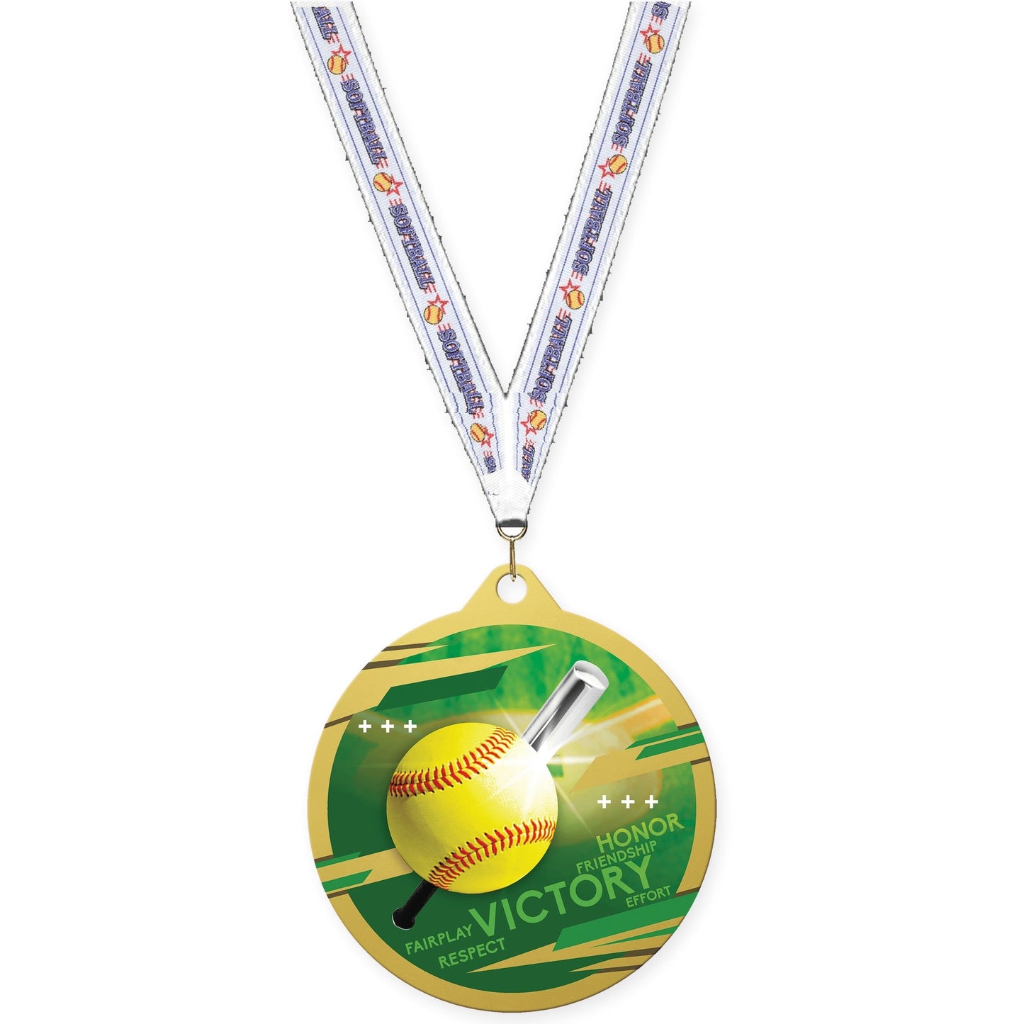 2 3/4 inch softball Inspire medal in gold with Softball neck ribbon