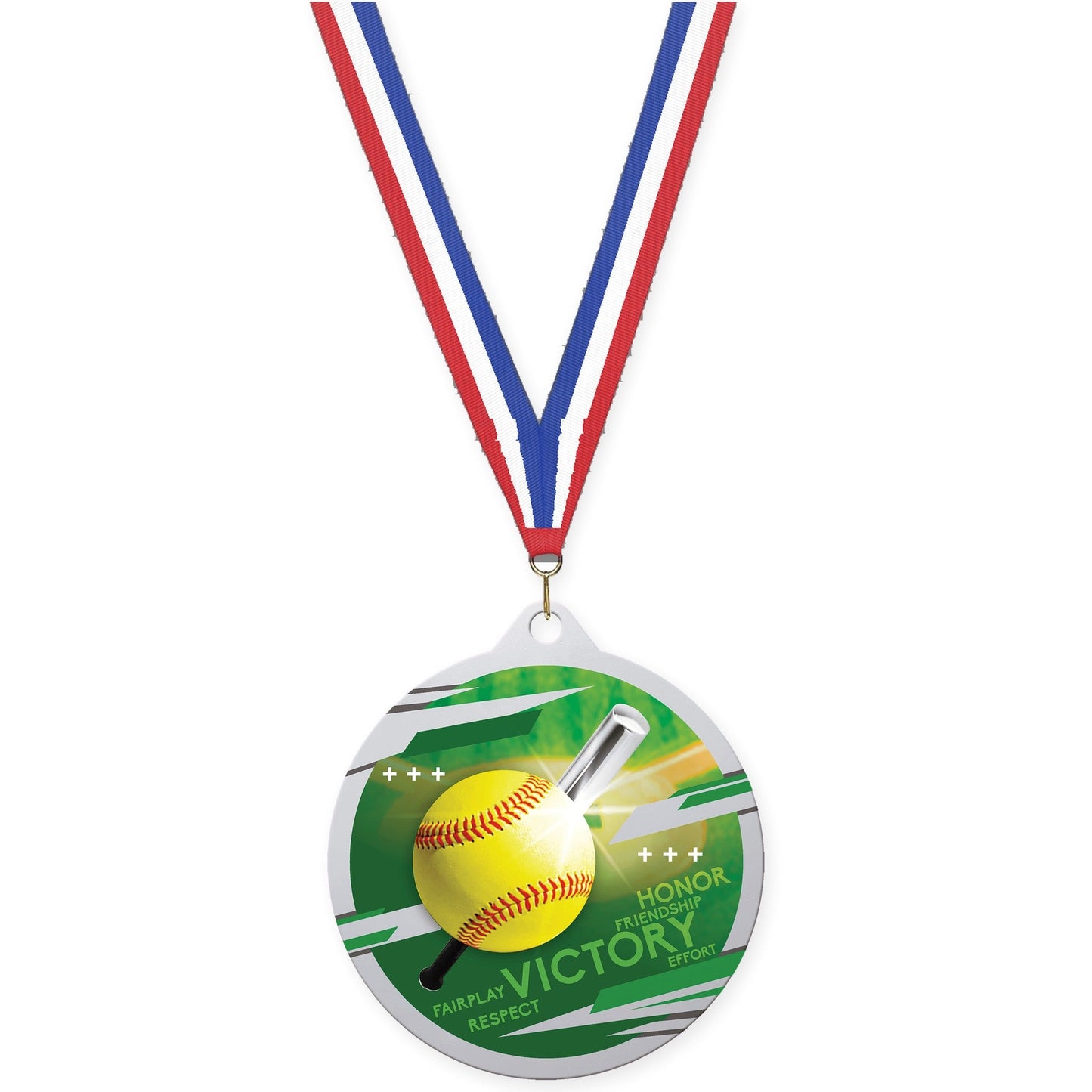 2 3/4 inch softball Inspire medal in silver with Red White Blue neck ribbon