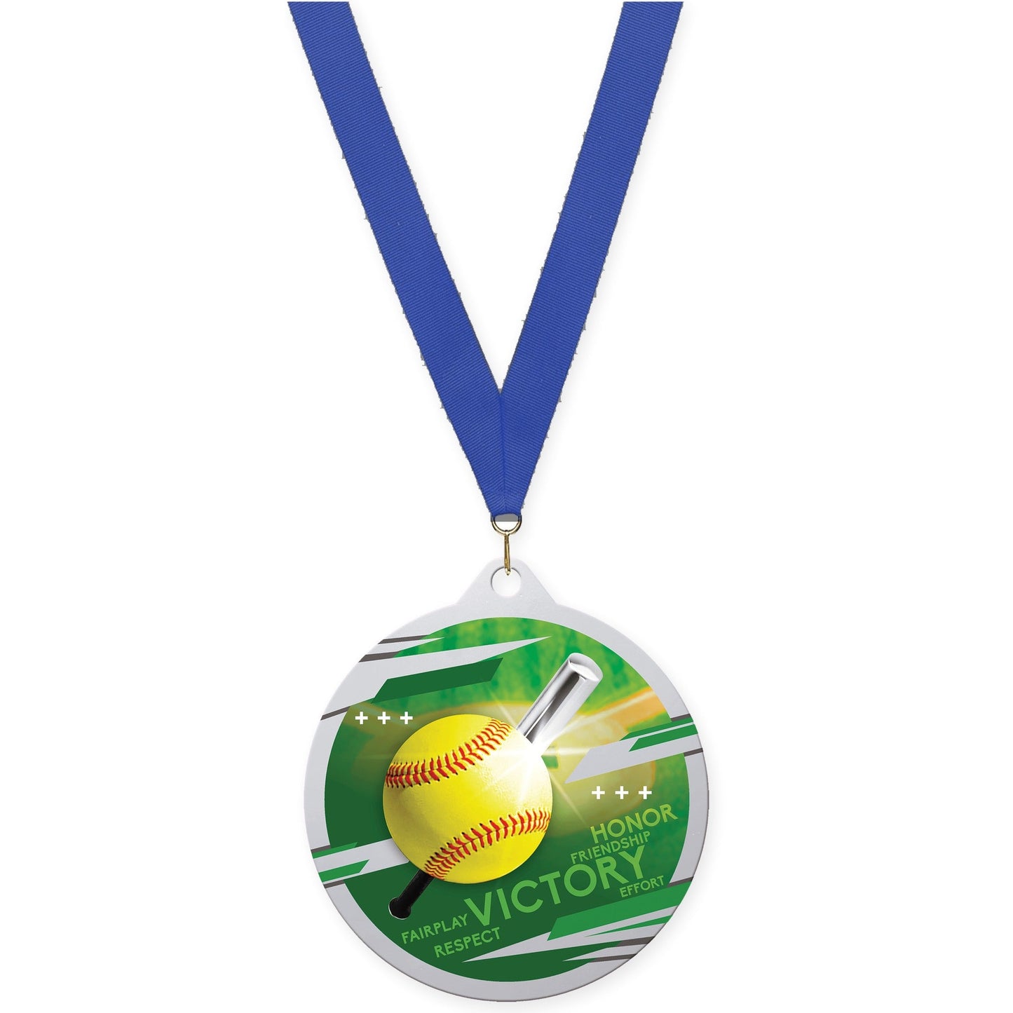 2 3/4 inch softball Inspire medal in silver with Blue neck ribbon