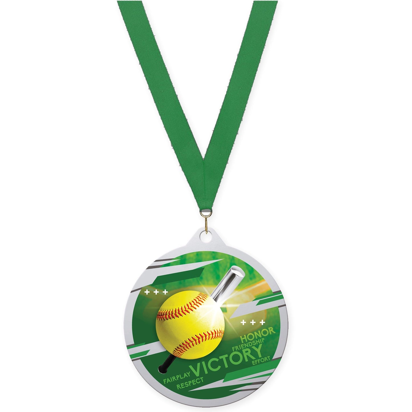 2 3/4 inch softball Inspire medal in silver with Green neck ribbon
