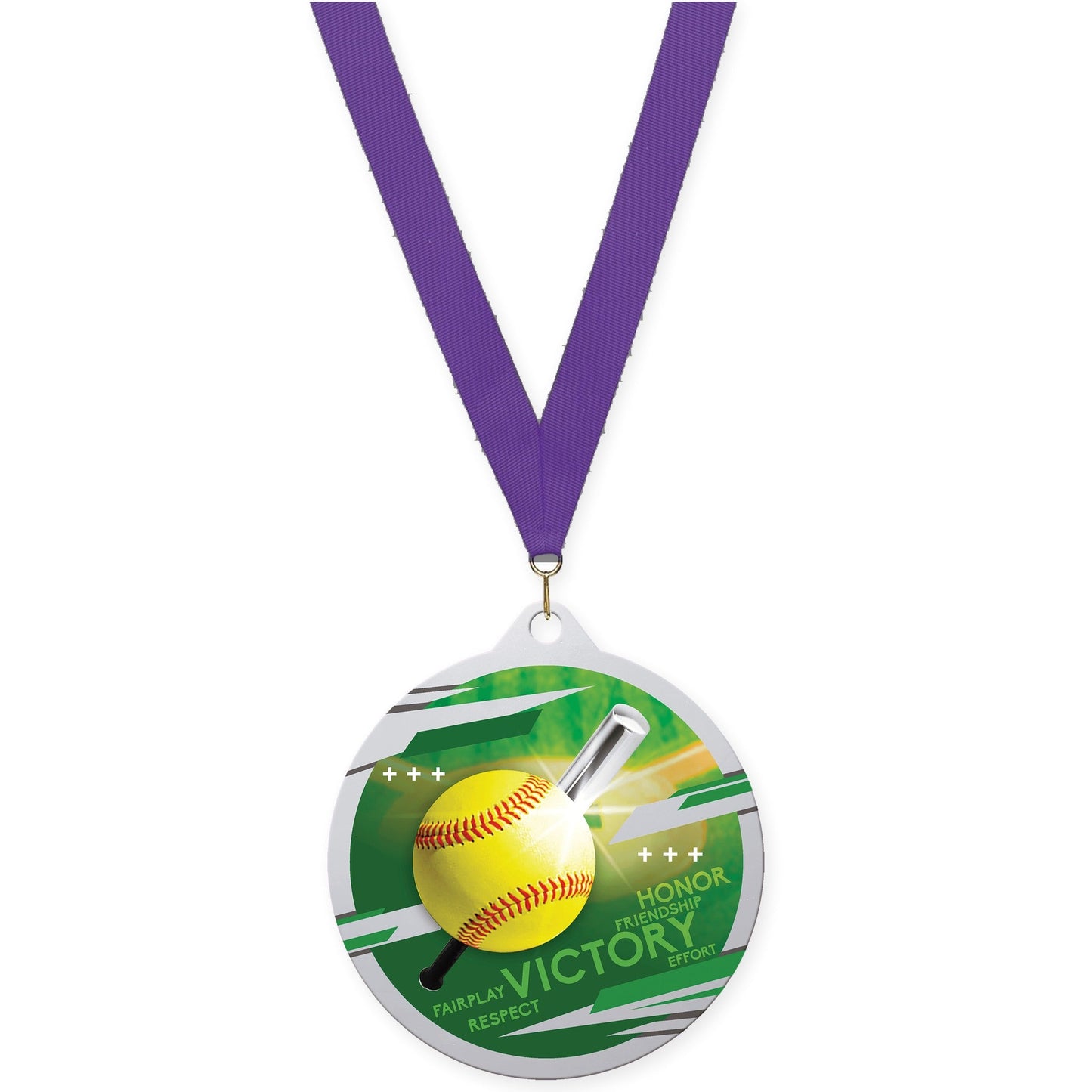 2 3/4 inch softball Inspire medal in silver with Purple neck ribbon