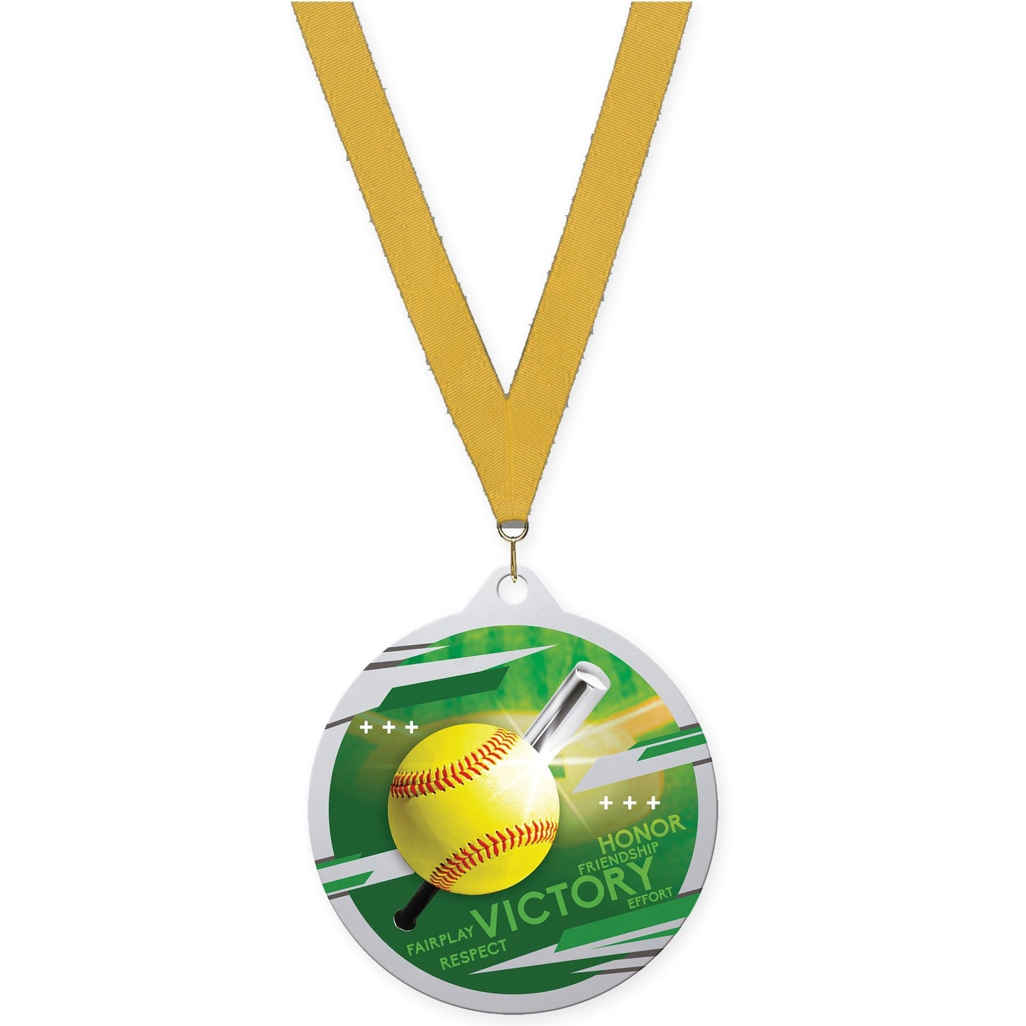 2 3/4 inch softball Inspire medal in silver with Gold neck ribbon