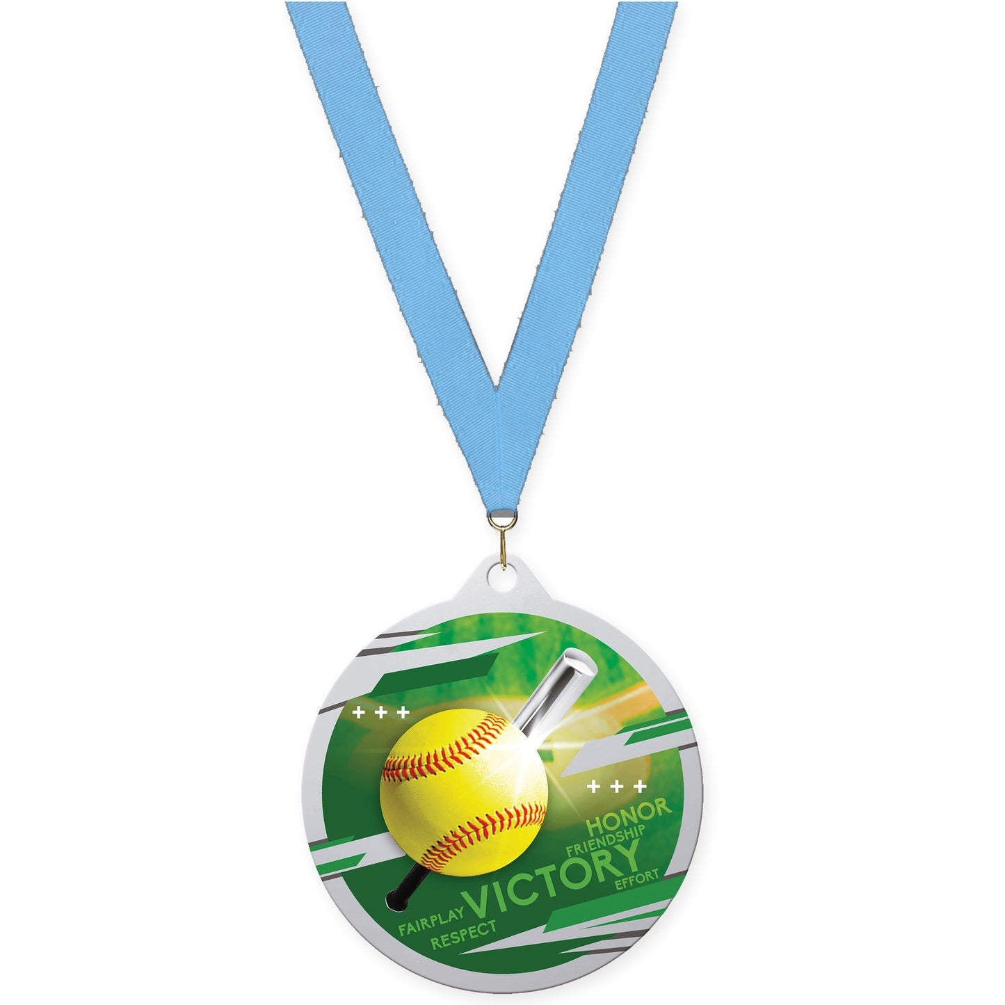2 3/4 inch softball Inspire medal in silver with Light Blue neck ribbon