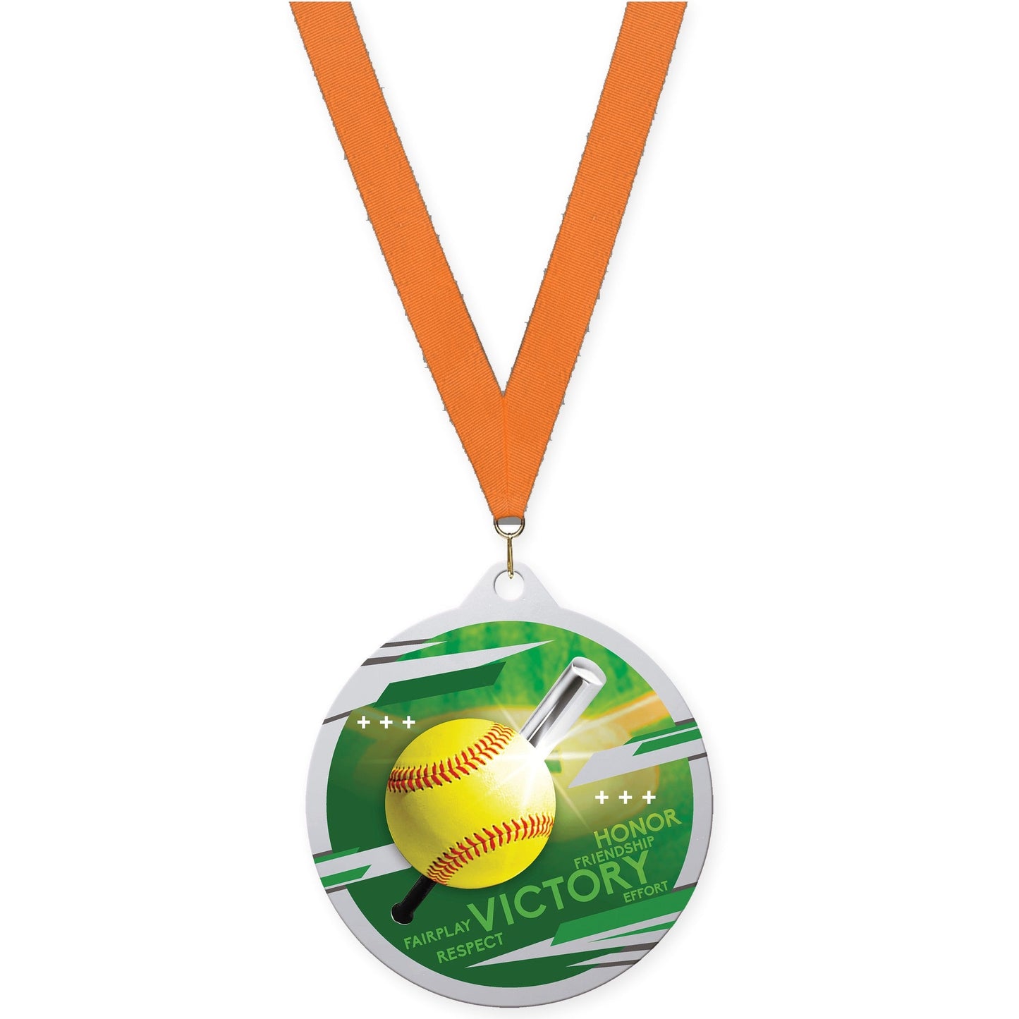 2 3/4 inch softball Inspire medal in silver with Orange neck ribbon