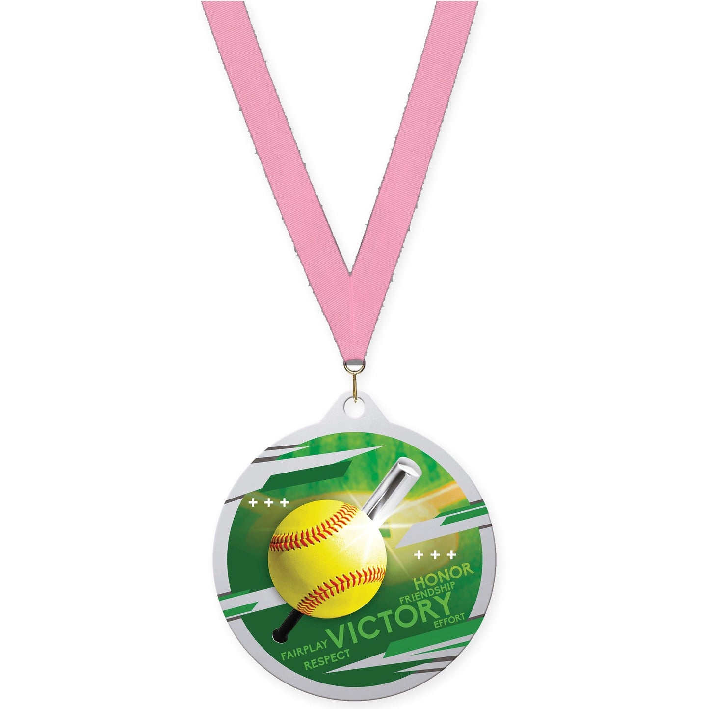 2 3/4 inch softball Inspire medal in silver with Pink neck ribbon