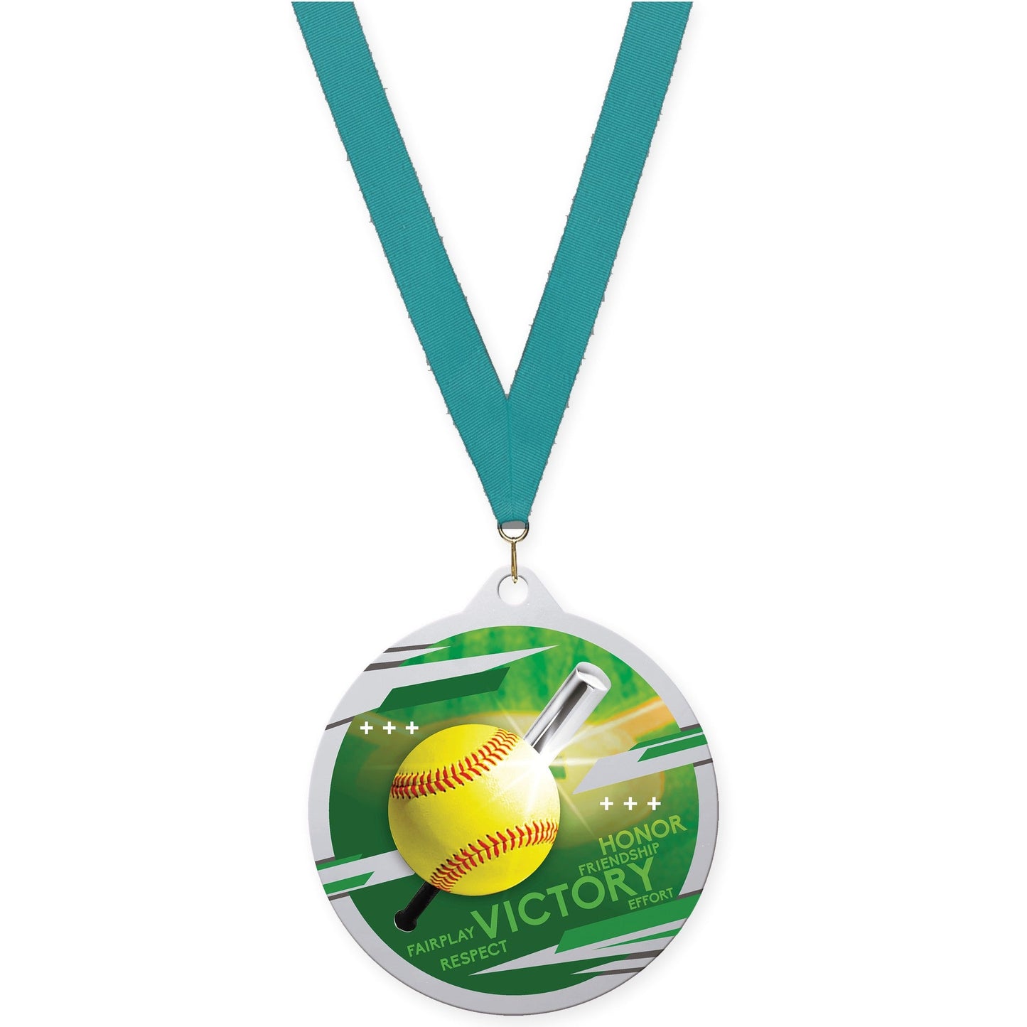 2 3/4 inch softball Inspire medal in silver with Teal neck ribbon
