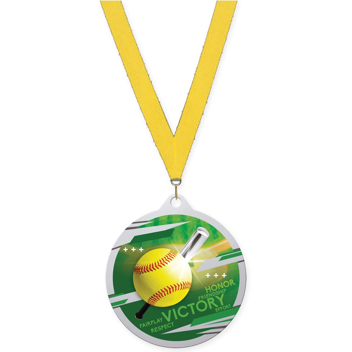 2 3/4 inch softball Inspire medal in silver with Yellow neck ribbon