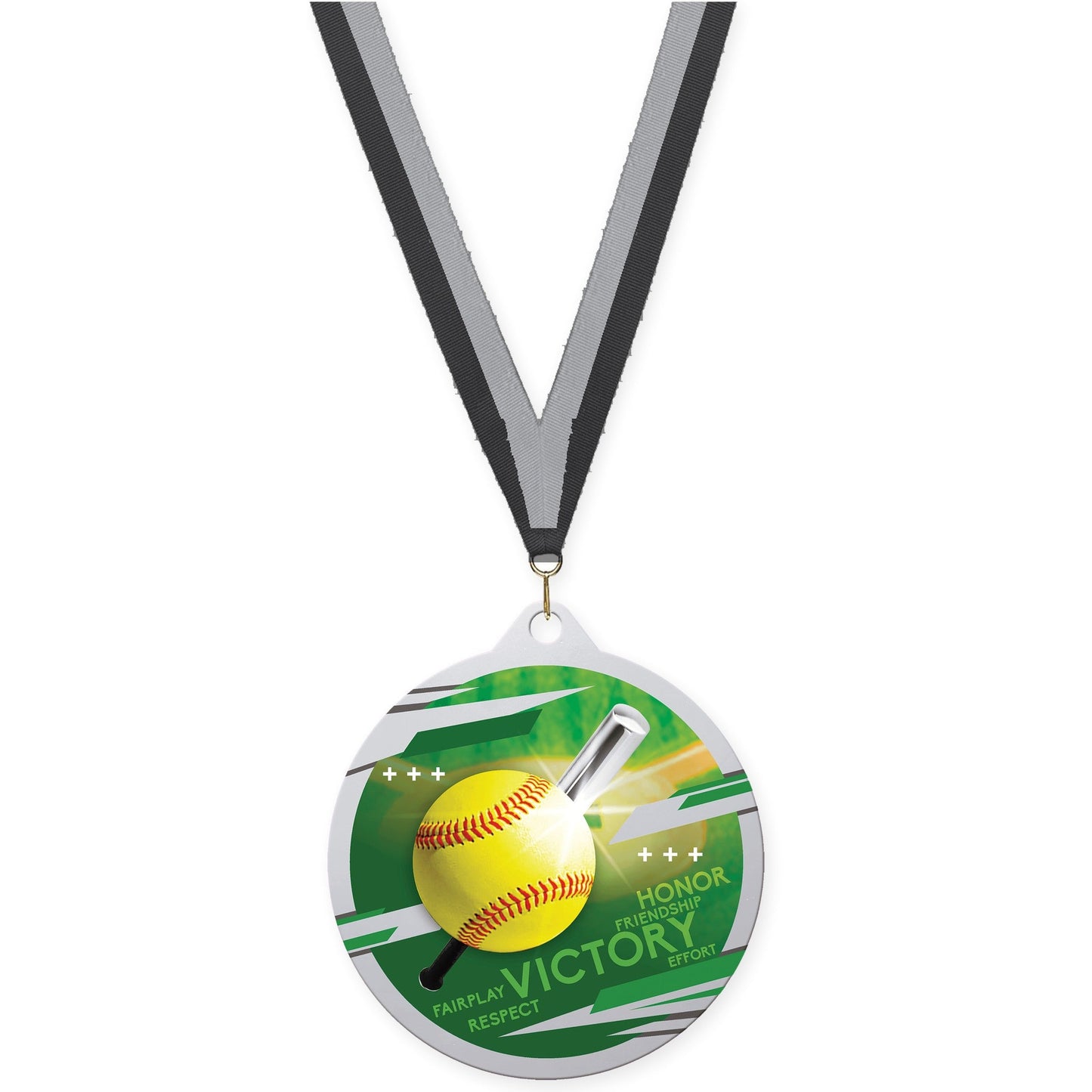 2 3/4 inch softball Inspire medal in silver with Black Gray neck ribbon