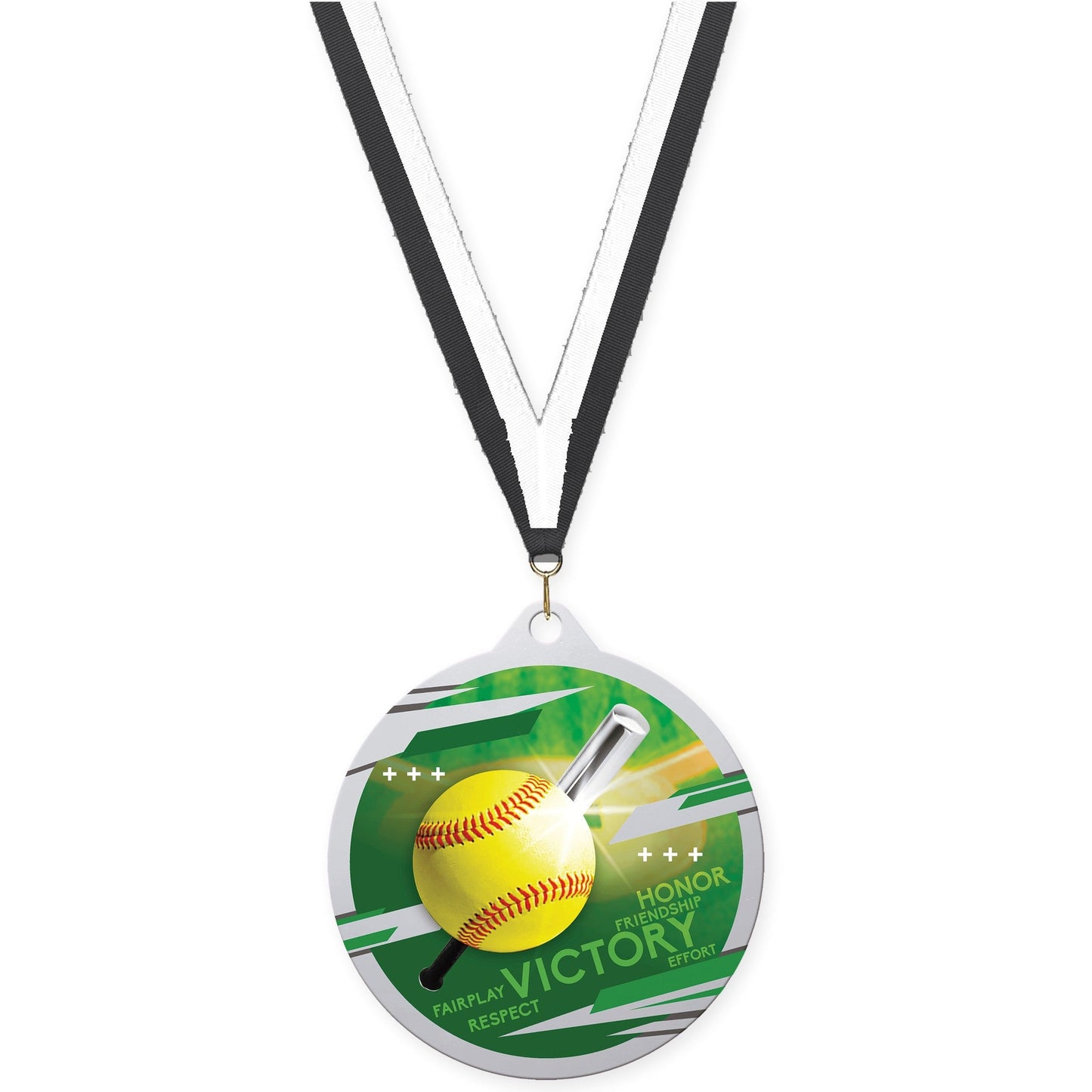 2 3/4 inch softball Inspire medal in silver with Black White neck ribbon