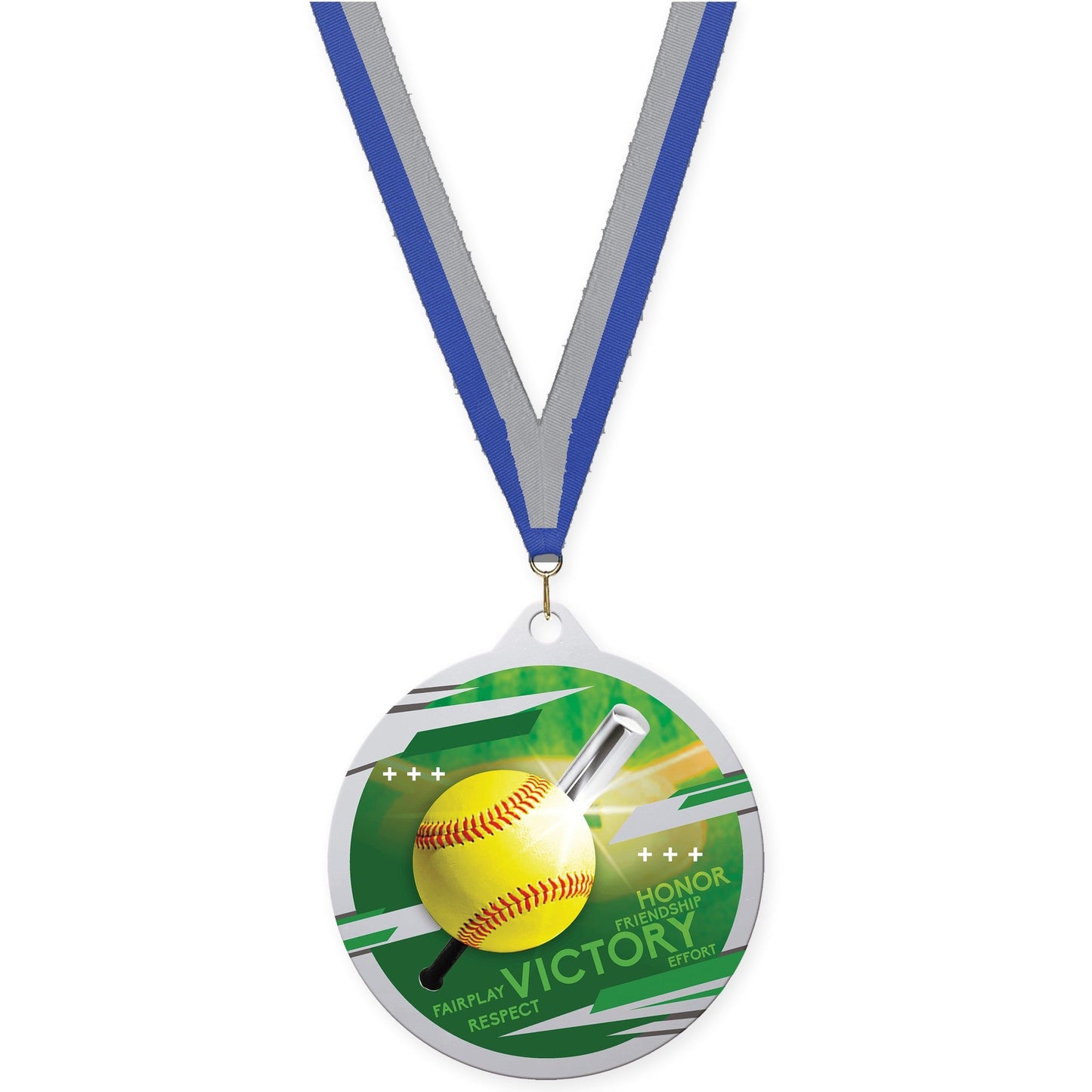 2 3/4 inch softball Inspire medal in silver with Blue Gray neck ribbon