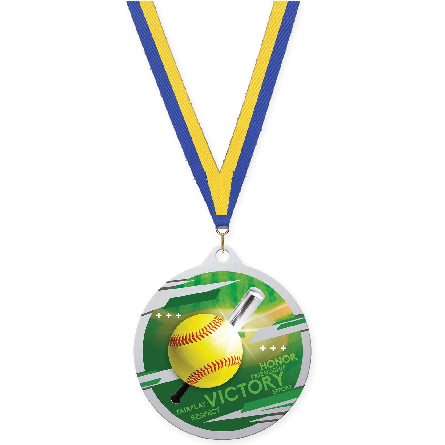 2 3/4 inch softball Inspire medal in silver with Blue Yellow neck ribbon